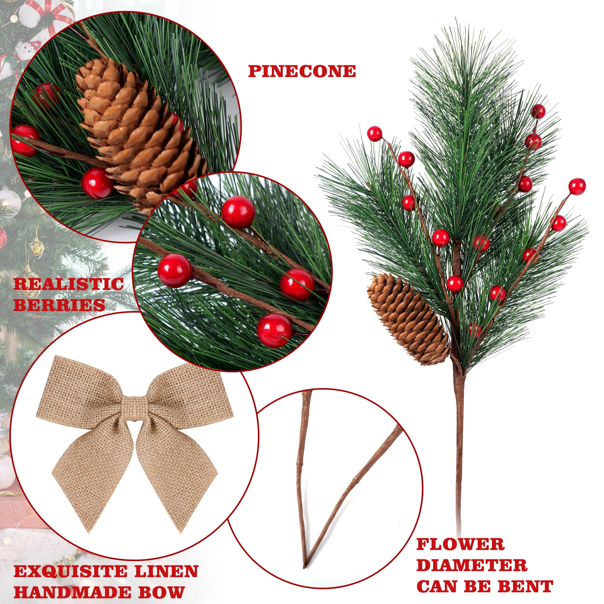 Künstliche Weihnachtsbeeren, Tannenzweige mit Schleife für Kranz, DIY, künstliche Tannenzapfen, Blumenarrangement, Weihnachtszeit, Tischdekoration und Weihnachtsbaumdekoration, keine Vase, 5