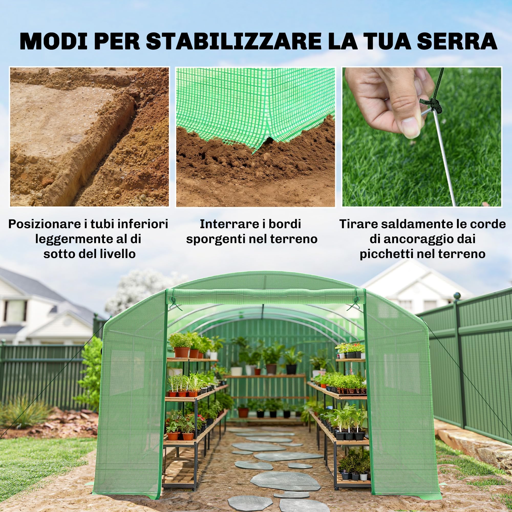 Outsunny Serra a Tunnel 6x3x2 m con 3 Porte Avvolgibili, 6 Finestrelle, Picchetti e Funi, Serra da Giardino per Orto e Piante in Acciaio Zincato e PE, Verde