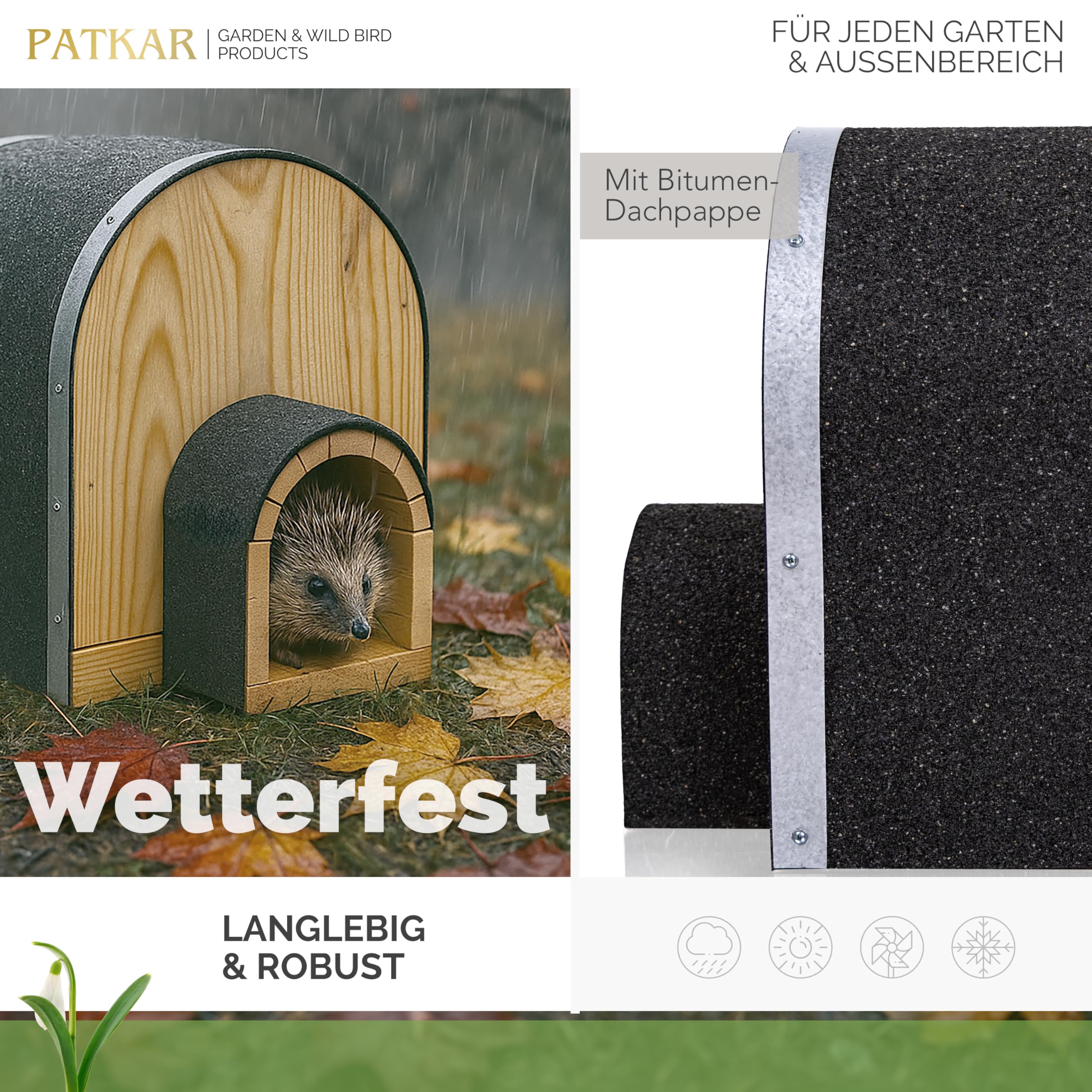 PATKAR Igelhaus Winterfest mit Boden [SCHÜTZT VOR FRESSFEINDEN] - Premium Igelfutterhaus (Made in Europe) - Hochwertige Igelhäuser Igel Haus - Igel Schlafhaus Igel Futterhaus - Igelhotel (Natur)