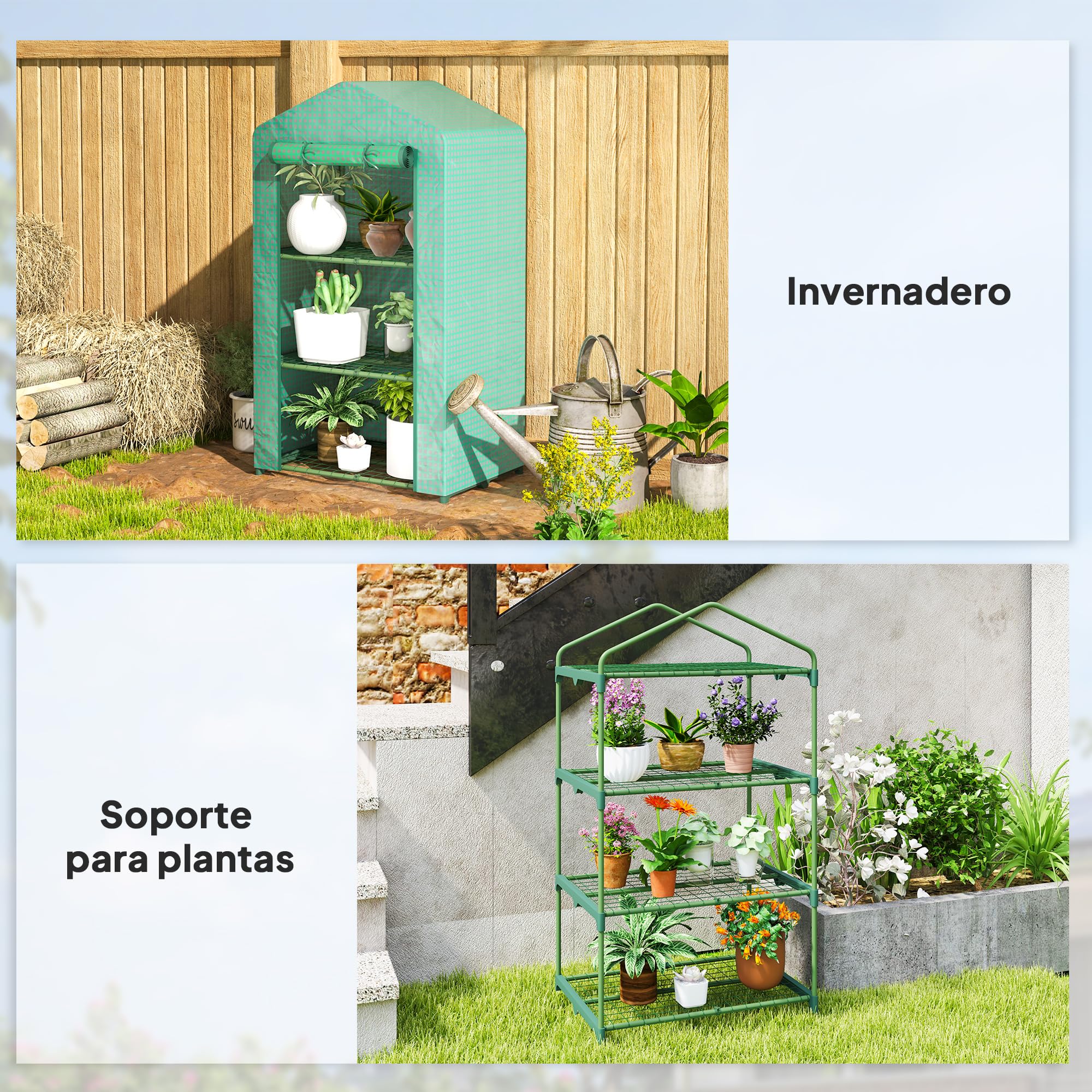 Outsunny Invernadero de Jardín de 3 Niveles, Invernadero de Exterior con 3 Estantes, Puerta Enrollable, Marco de Metal, Cubierta de PE, Anti-UV, Impermeable, para Terraza, Patio, 69x49x125 cm, Verde