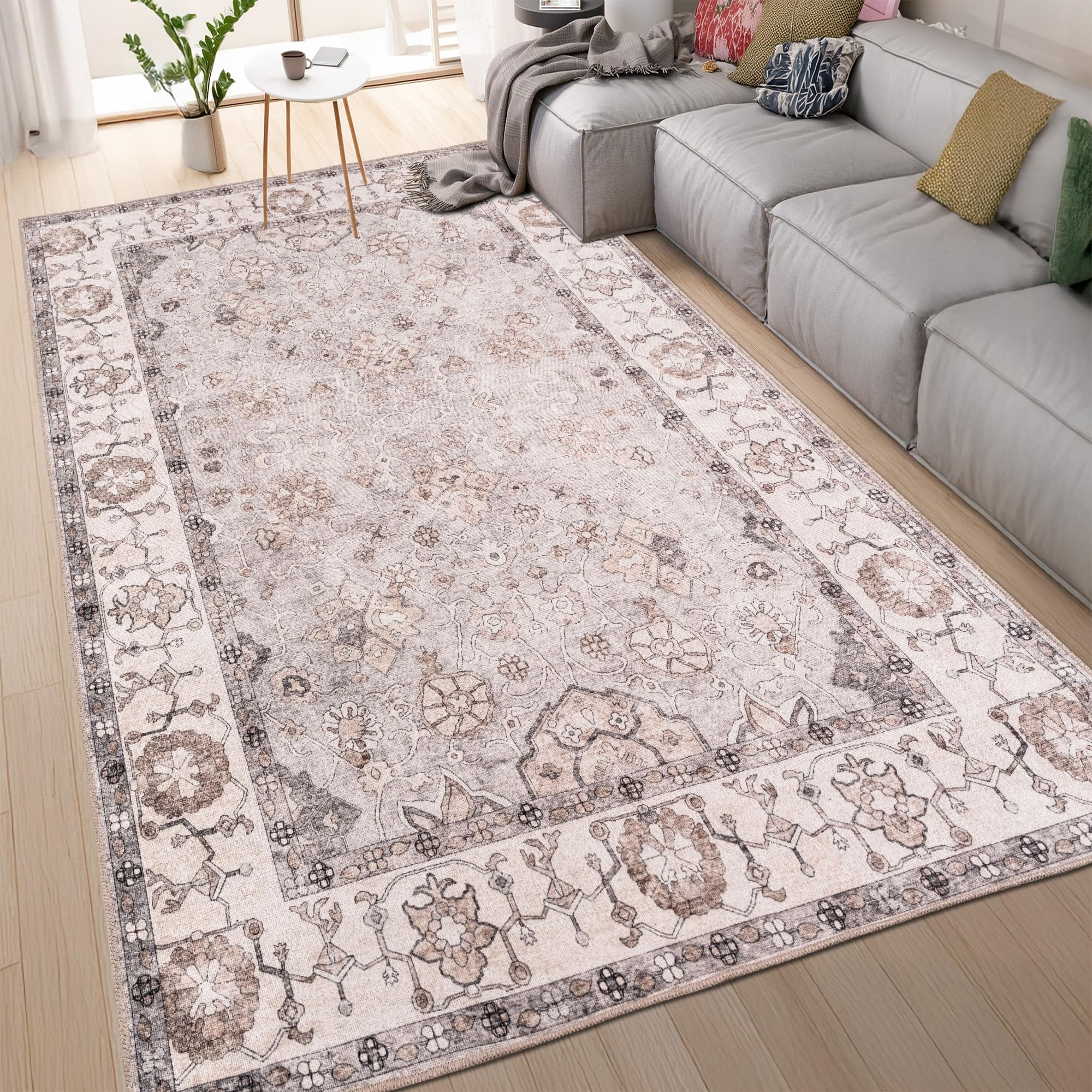 homeart Grand tapis lavable en machine - 67 % coton - Avec envers antidérapant - Ne perd pas ses poils - Pour salon, chambre à coucher, cuisine, salle à manger, couloir - Motif floral crème gris 200 x