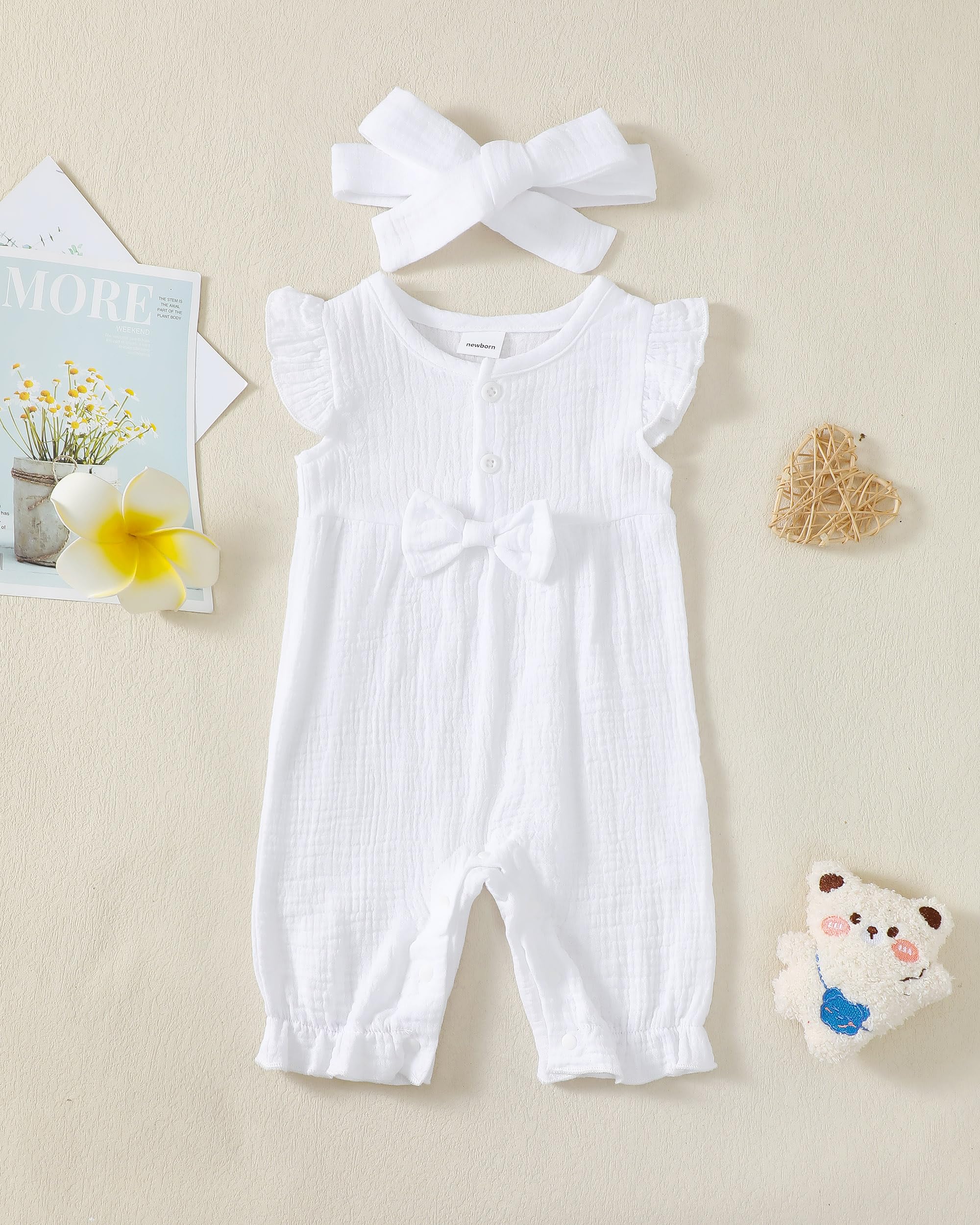 Renotemy Newborn Infant Baby Girl Clothes Summer White Rompers Outfits Sleeveless Baby Girl Bodysuit Preemie Jumpsuit Newborn Clothes Girl