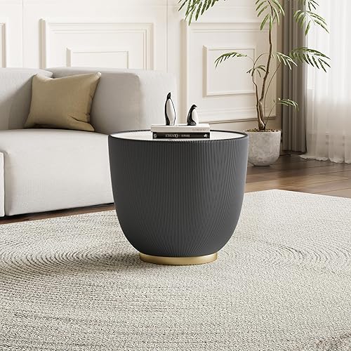 Miniatura 8 de Mesa auxiliar redonda moderna, mesa auxiliar de sofá de mármol sintético con base cubierta de cuero sintético en forma de cuenco, mesa auxiliar