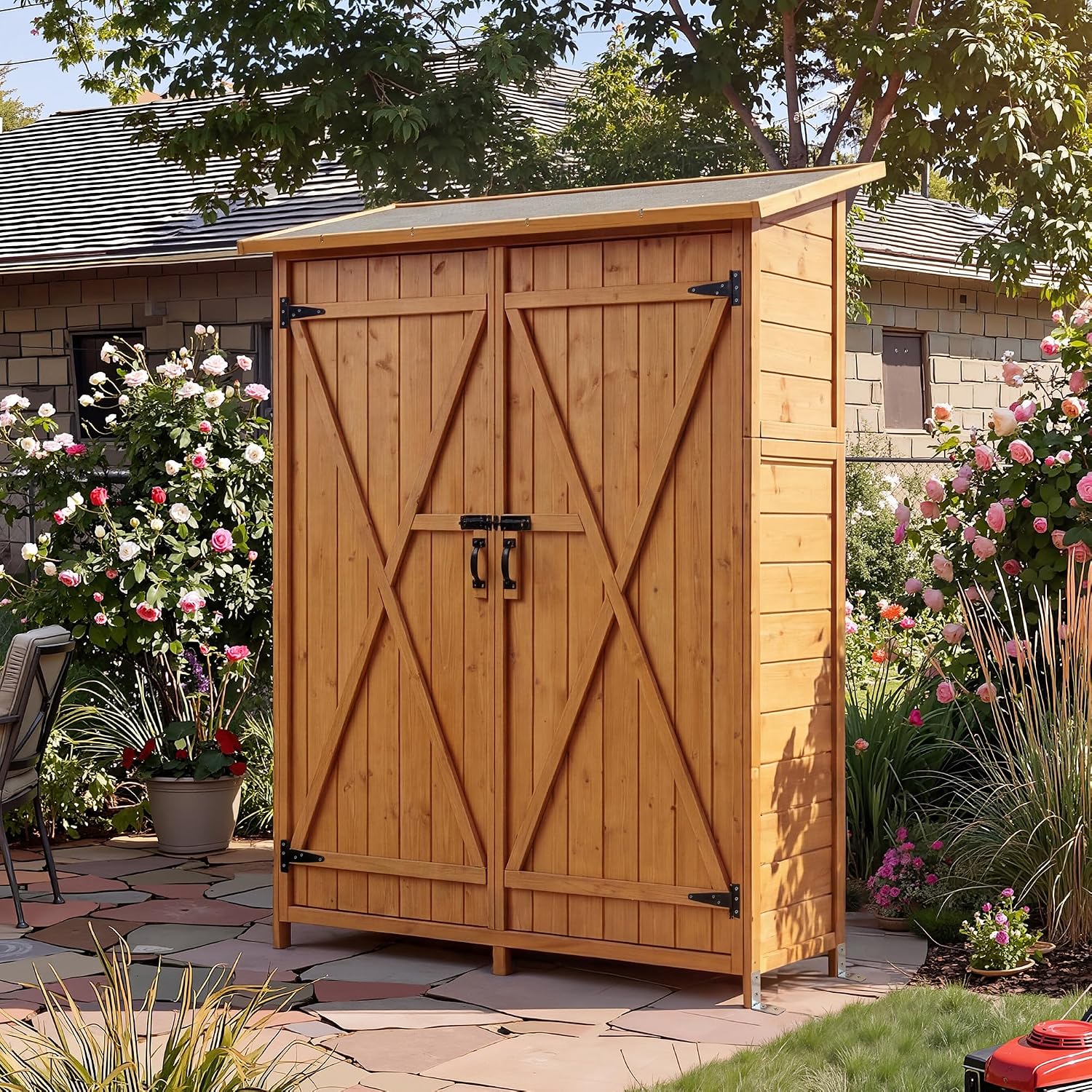 Outdoor Storage Cabinet with 2 Shelves & Lockable Doors- Wooden Garden Shed with Floor and Waterproof Roof for Patio, Backyard, Deck, Lawn Organization Tall Wood Tool Shed, Large Storage Space