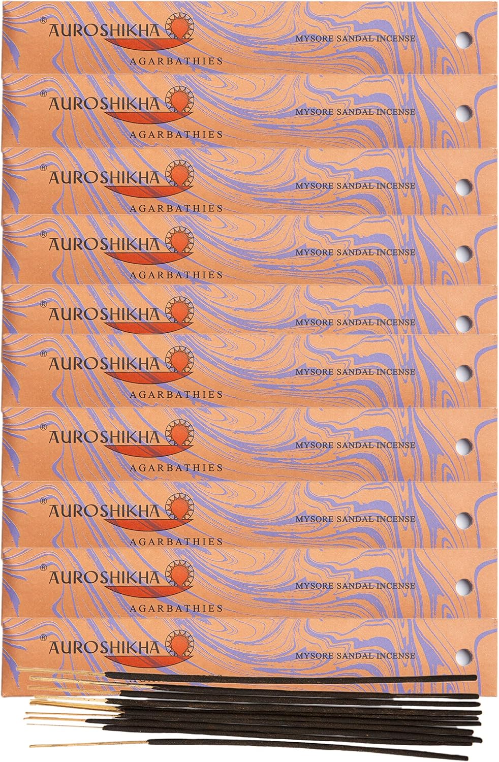 Auroshikha Marbling ~ Mysore Sandal Incense 10 Sticks (10 Pack - Total 100 gram)