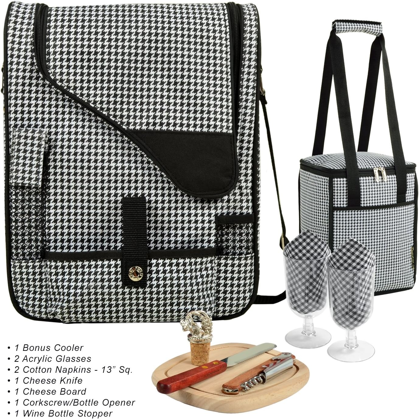 Picnic at Ascot Original Wine and Cheese Tote for 2 with Matching Cooler - Designed & Assembled in California - Houndstooth