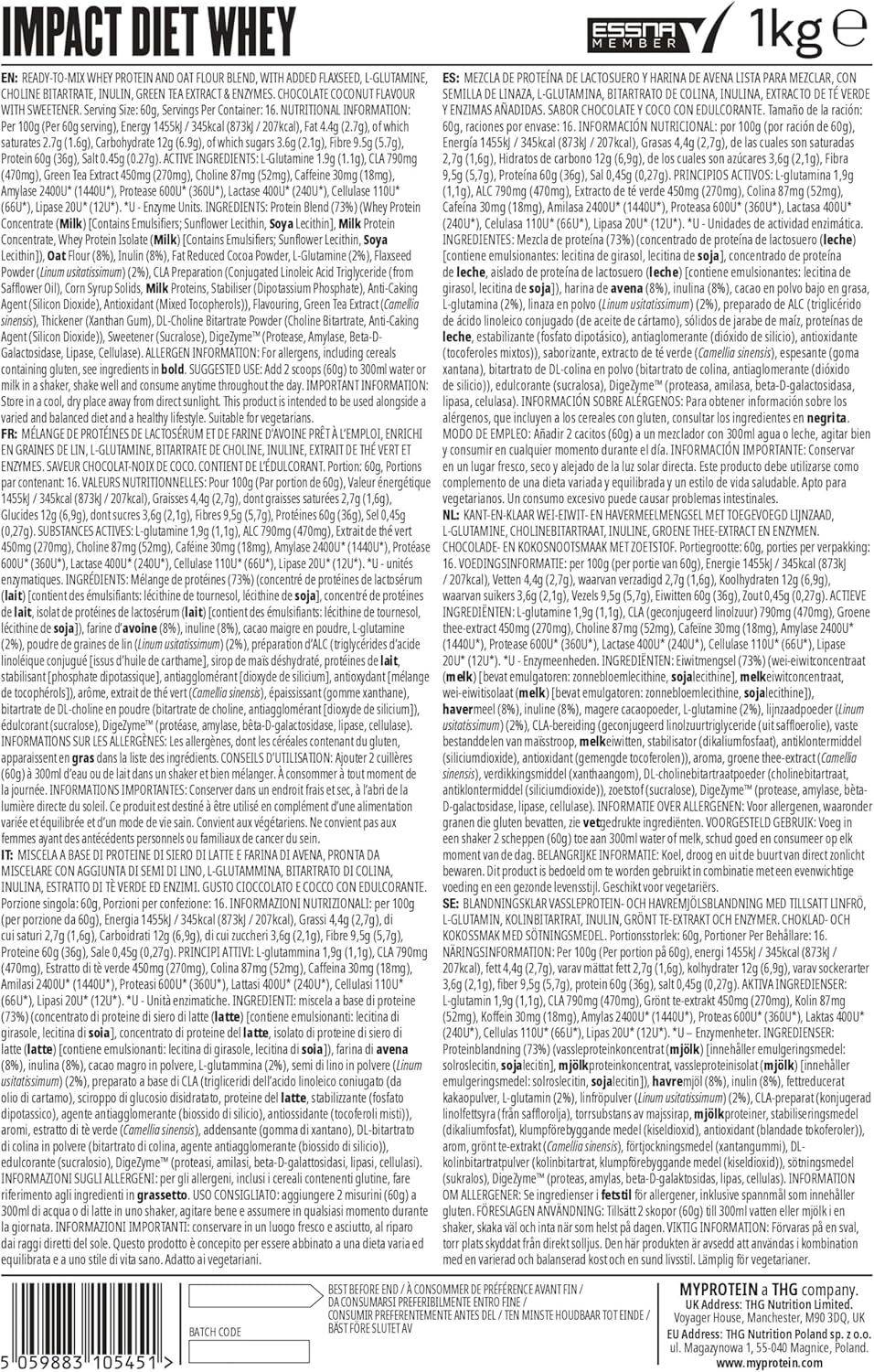 MyProtein Impact Diet Whey Powder – Chocolade Kokosnoot, Eiwitrijke shake voor gewichtsverlies, vetarm, weinig suiker, weinig koolhydraten, spierherstel, maaltijdvervanging, chocolade kokos