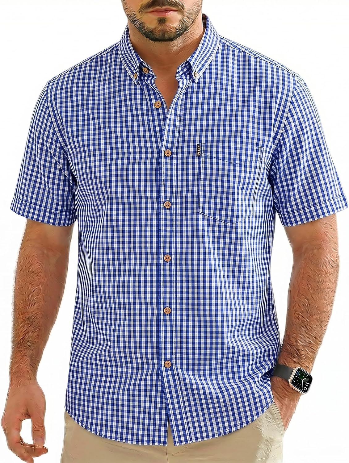 Men's Plaid Casual Short Sleeve Shirt, 100% Cotton, Button-Down Collar, Regular Fit