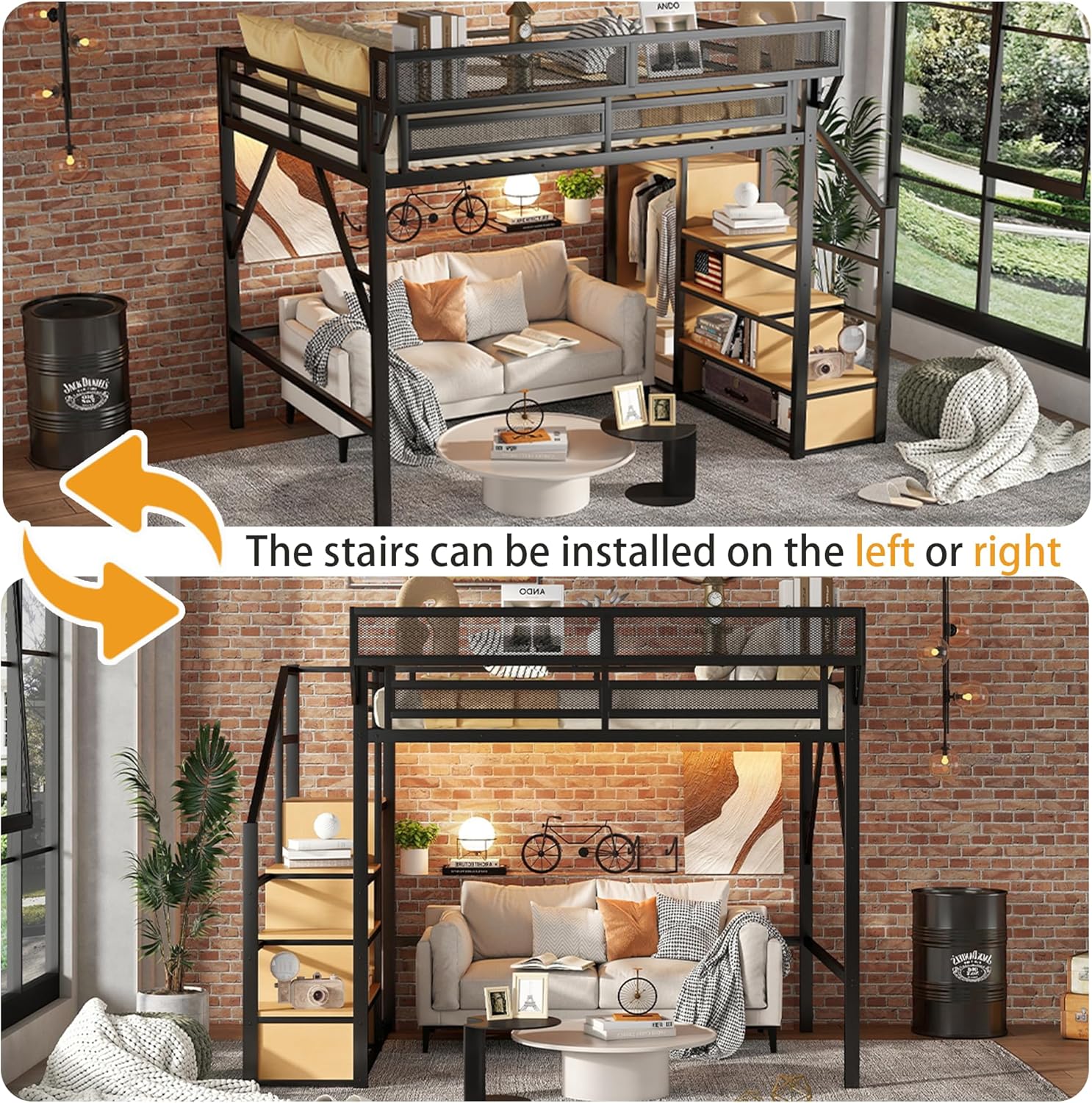 Queen Size Loft Bed Frame for Adults,Metal Lofts Bed Queen with Stairs & Storage Shelves, Heavy Duty High LoftBed with Wardrobe for Teens,Girls Boys, No Box Spring Needed, No Noise, Black