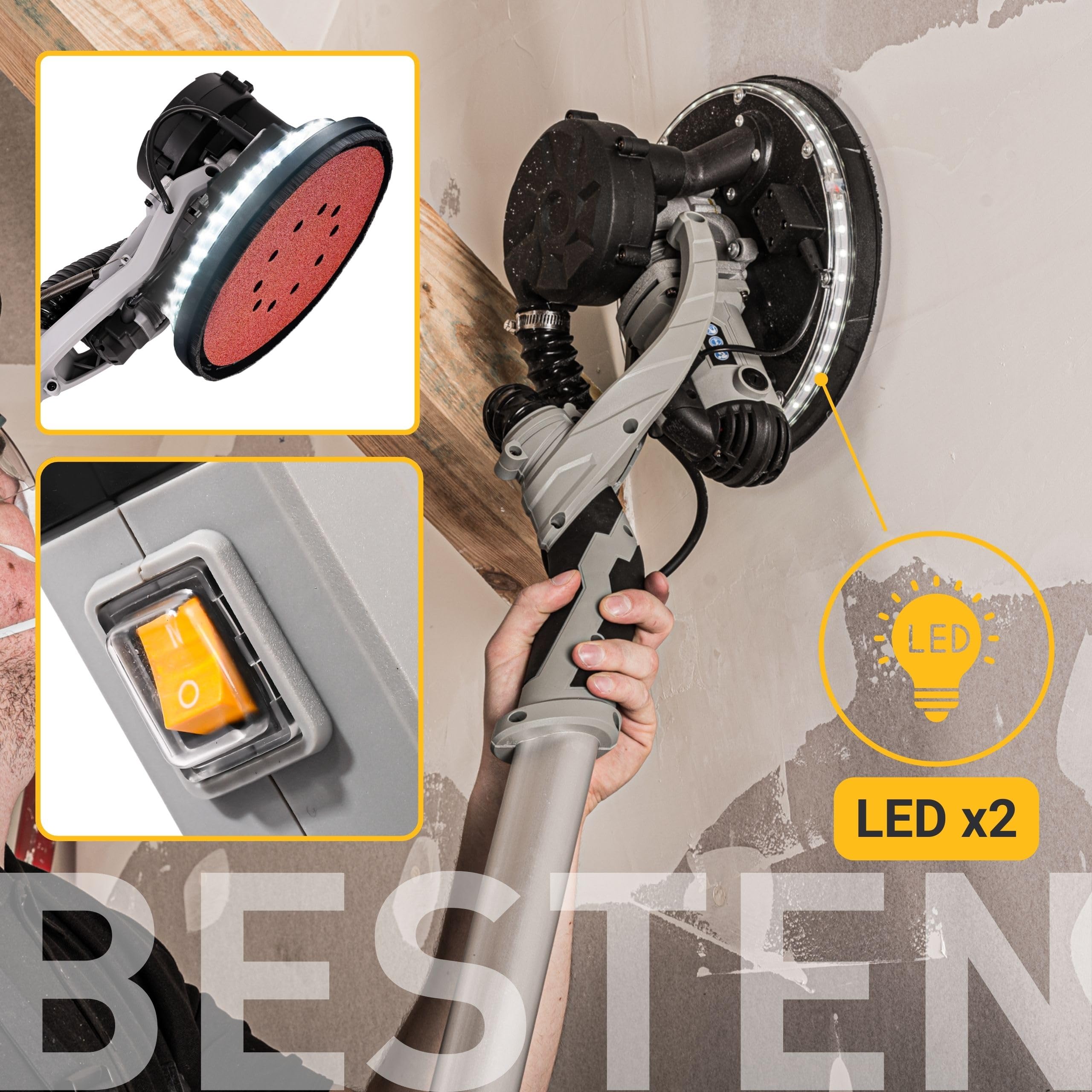 Szlifierka żyrafa do gipsu i gładzi 225 mm, 900 W, LED 360°, teleskop 150–220 cm, odsysanie pyłu z regulacją ssania, 30 papierów, torba BESTEN