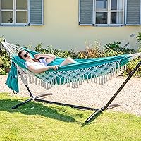 Vista 7 de PNAEUT Hamacas de borla hechas a mano, hamaca doble con soporte para exterior, interior y exterior, capacidad máxima de 450 libras, correas de árbol