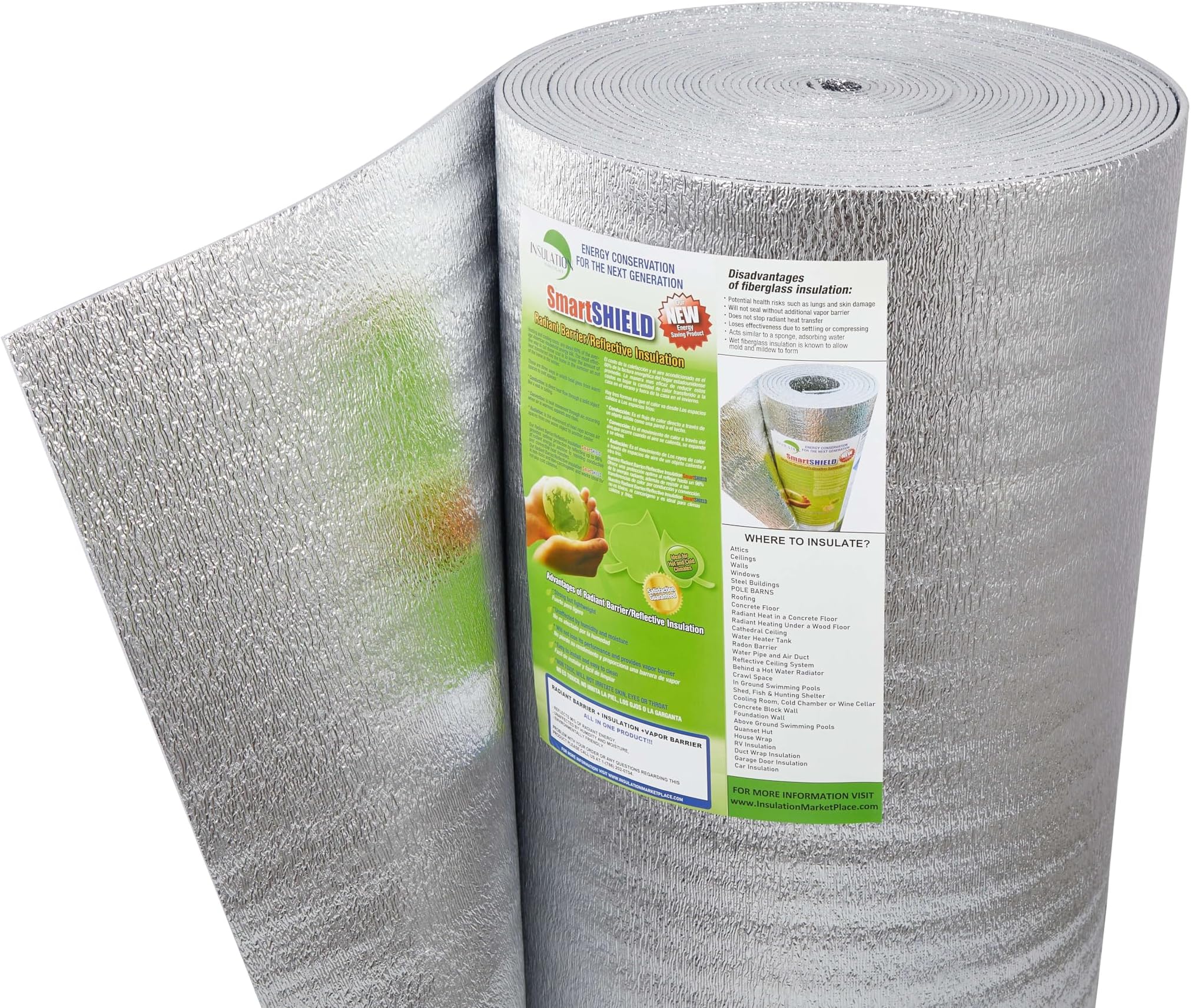 SmartSHIELD -5mm 48''X50ft Reflective Insulation Roll, Foam Core Radiant Barrier, Heat-Cold Shield, Thermal Foil Insulation - Pure Aluminum
