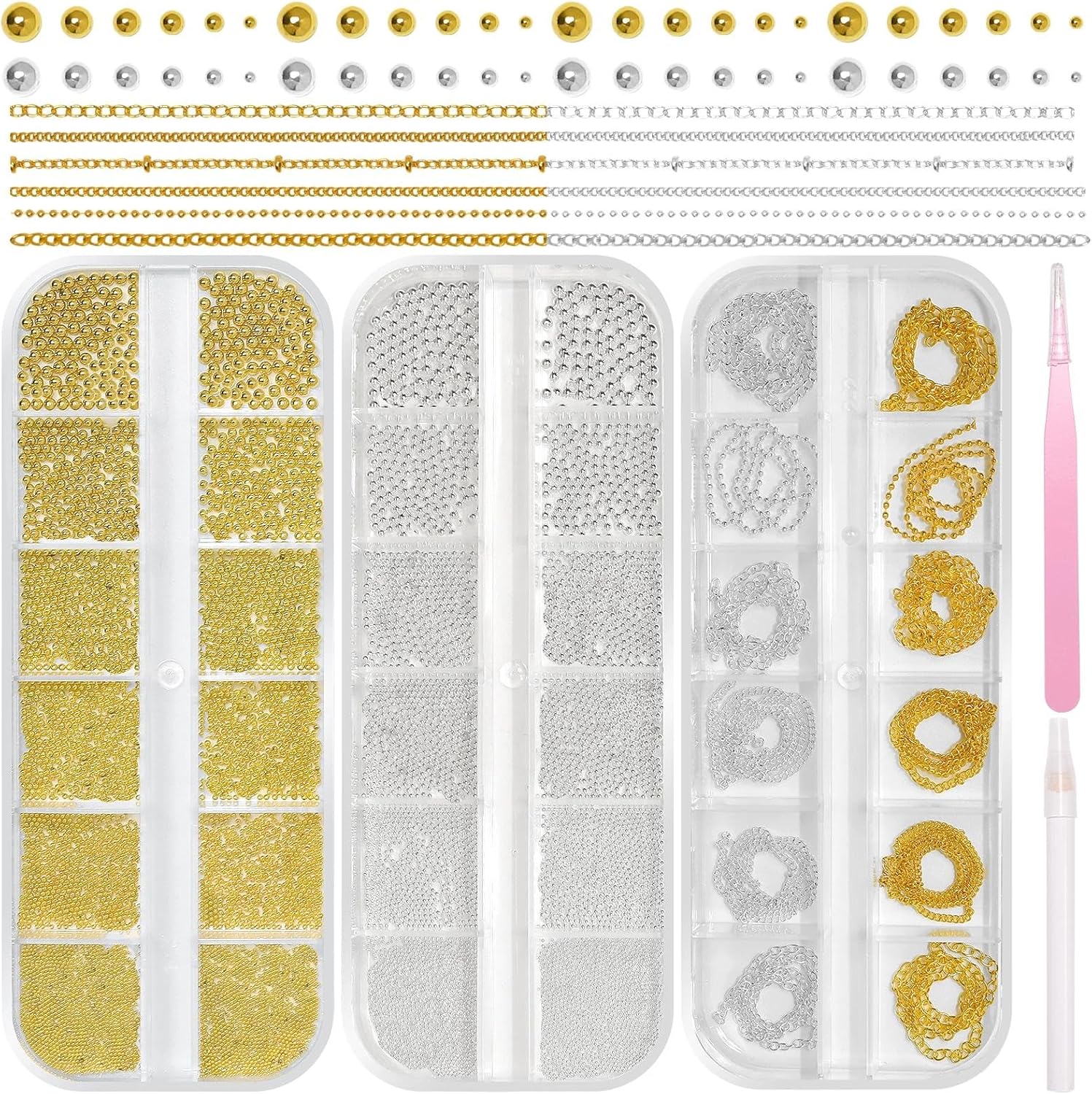 3 Boxes Caviar Metal Nail Beads, Gold Silver Nail Chains, Mix Sizes 0.6-2mm Round Gold Silver Caviar Beads for Acrylic Nails Art DIY Crafts Embellishment Making