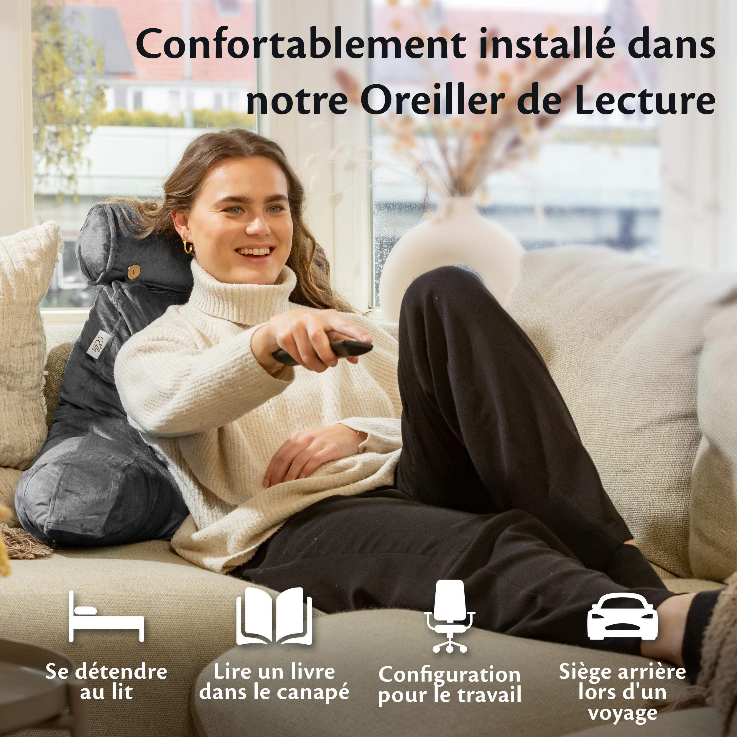 Ella Coussin de Lecture avec Rouleau de Cou - Oreiller de Lecture avec Accoudoirs, Soutien du Dos et du Cou pour la Lecture ou la Relaxation - Coussin de Dossier Fauteuil de Lecture - Velours (Gris)
