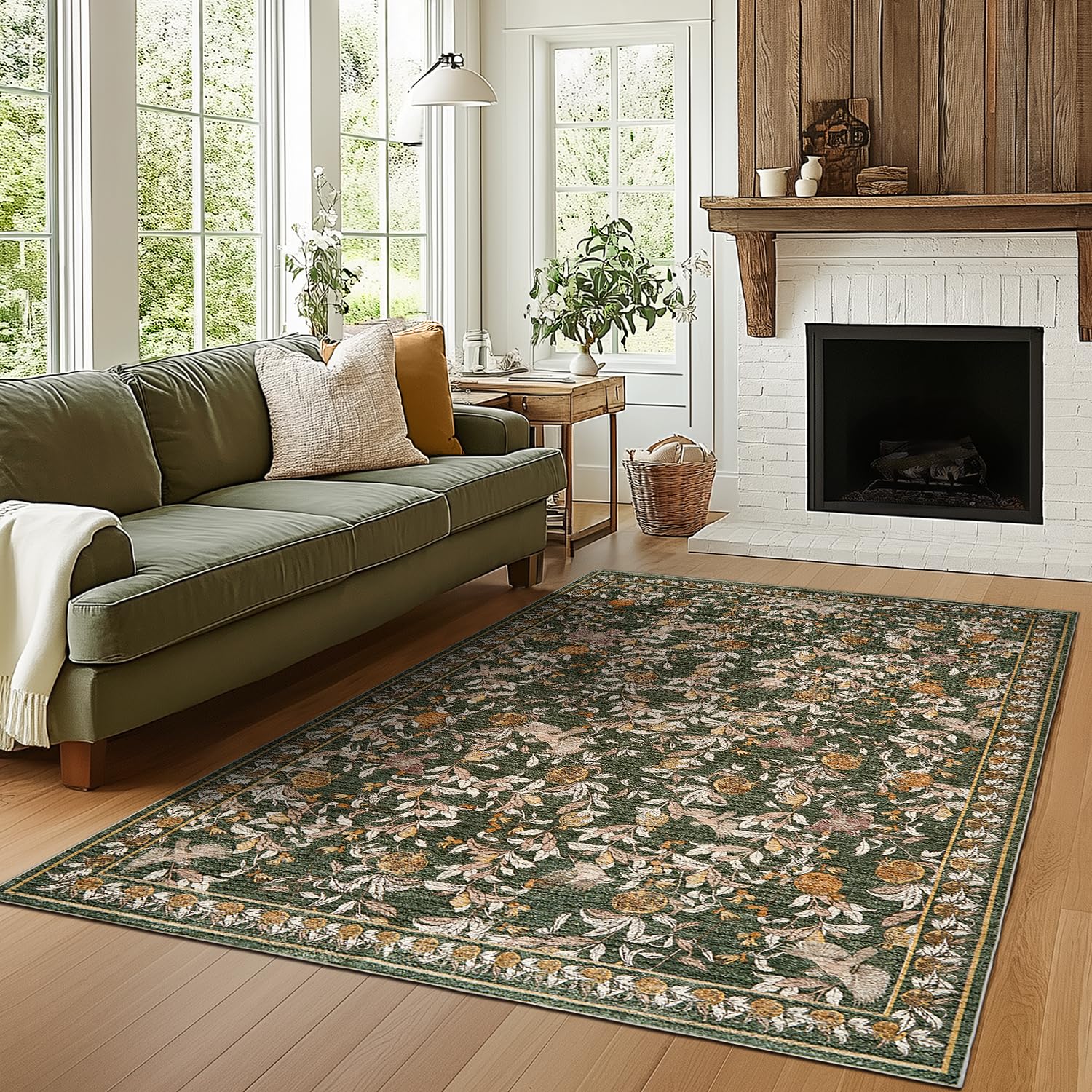 TOPICK Floral Area Rug 150x210cm Washable Vintage Soft Non-Slip Distressed Orange Green Carpet Low Pile Accent Lareg Rug for Living Room Kitchen Bedroom Dining Room Nursery