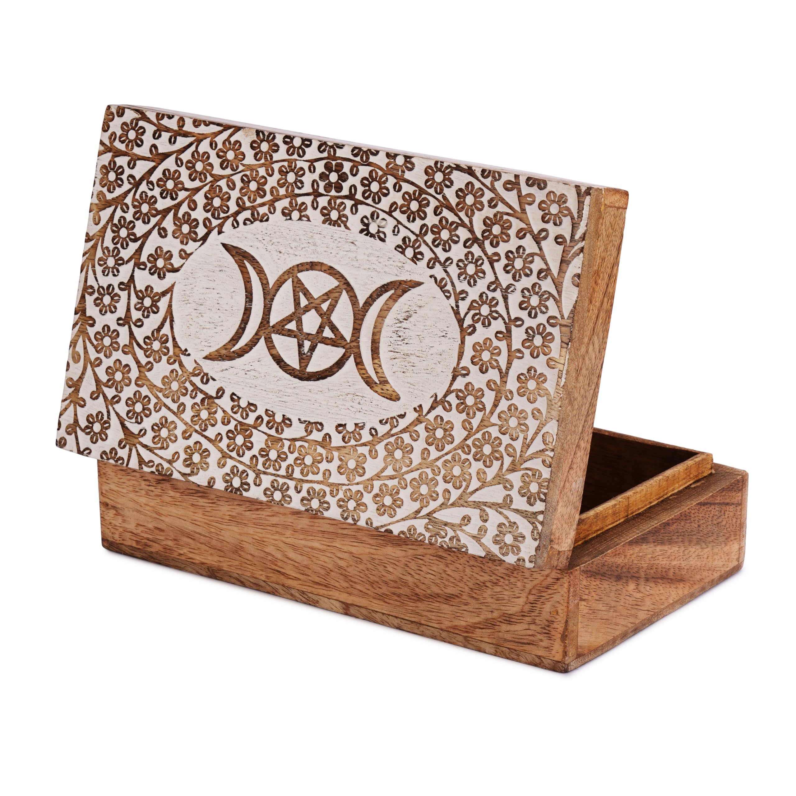 Ajuny White Brown Wooden Keepsake Box 8 X 5 Inch Star Moon Design, Handmade Mango Wood Trinket Treasure Jewellery Chest, Tarot Card Crystal Storage Organiser Gift Box