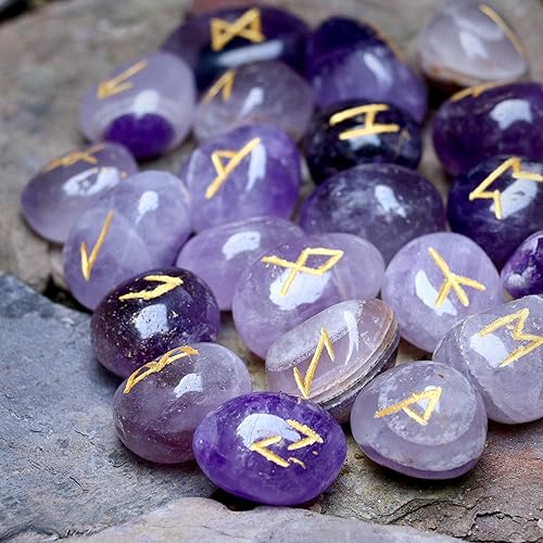 Miniatura 8 de ZAICUS Juego de piedras rúnicas de amatista con letras paganas grabadas de élder Futhark rúnicas con letras vikingas para adivinación, brujería