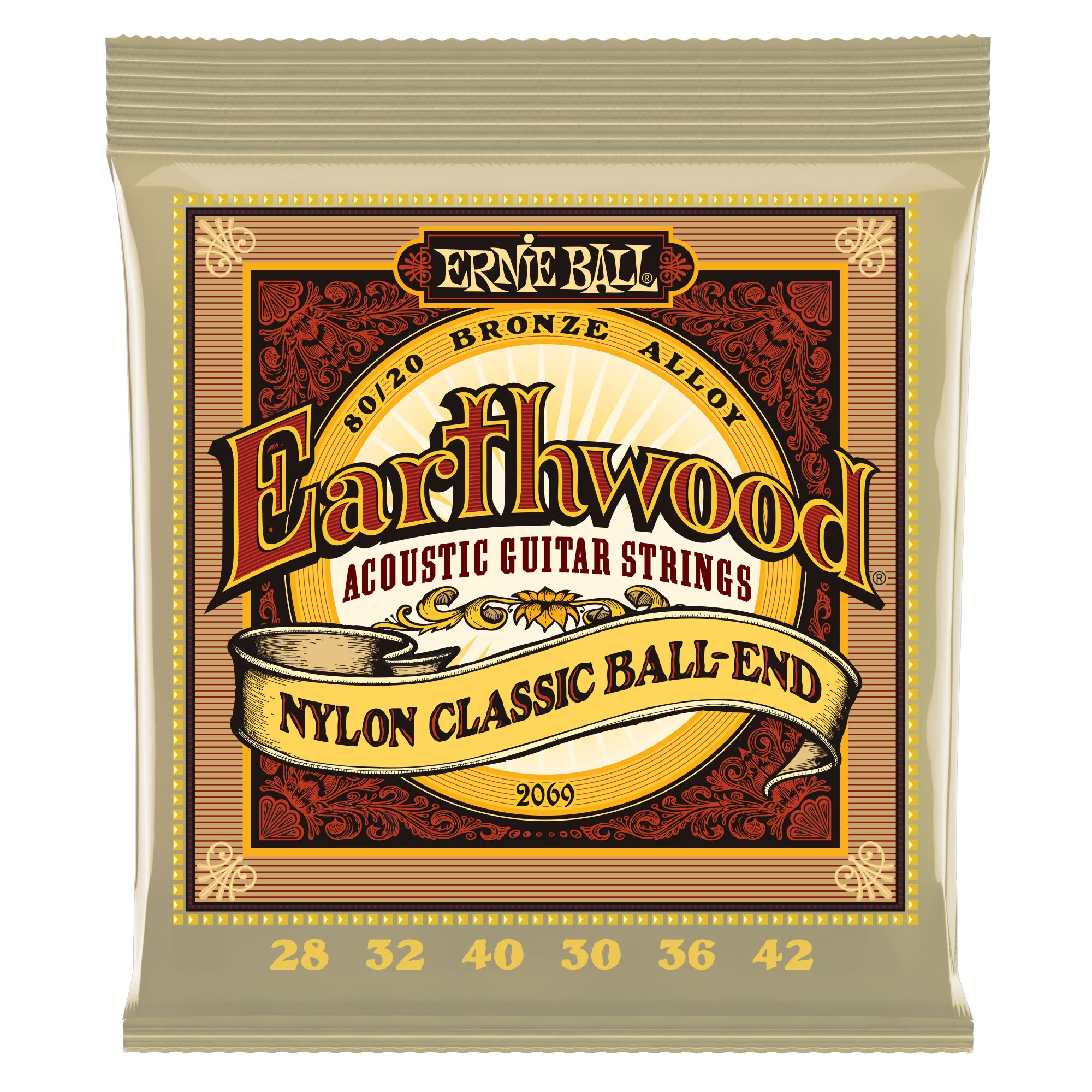 Ernie Ball Earthwood 2069 Folk Nylon Ball End Set, Clear and Gold