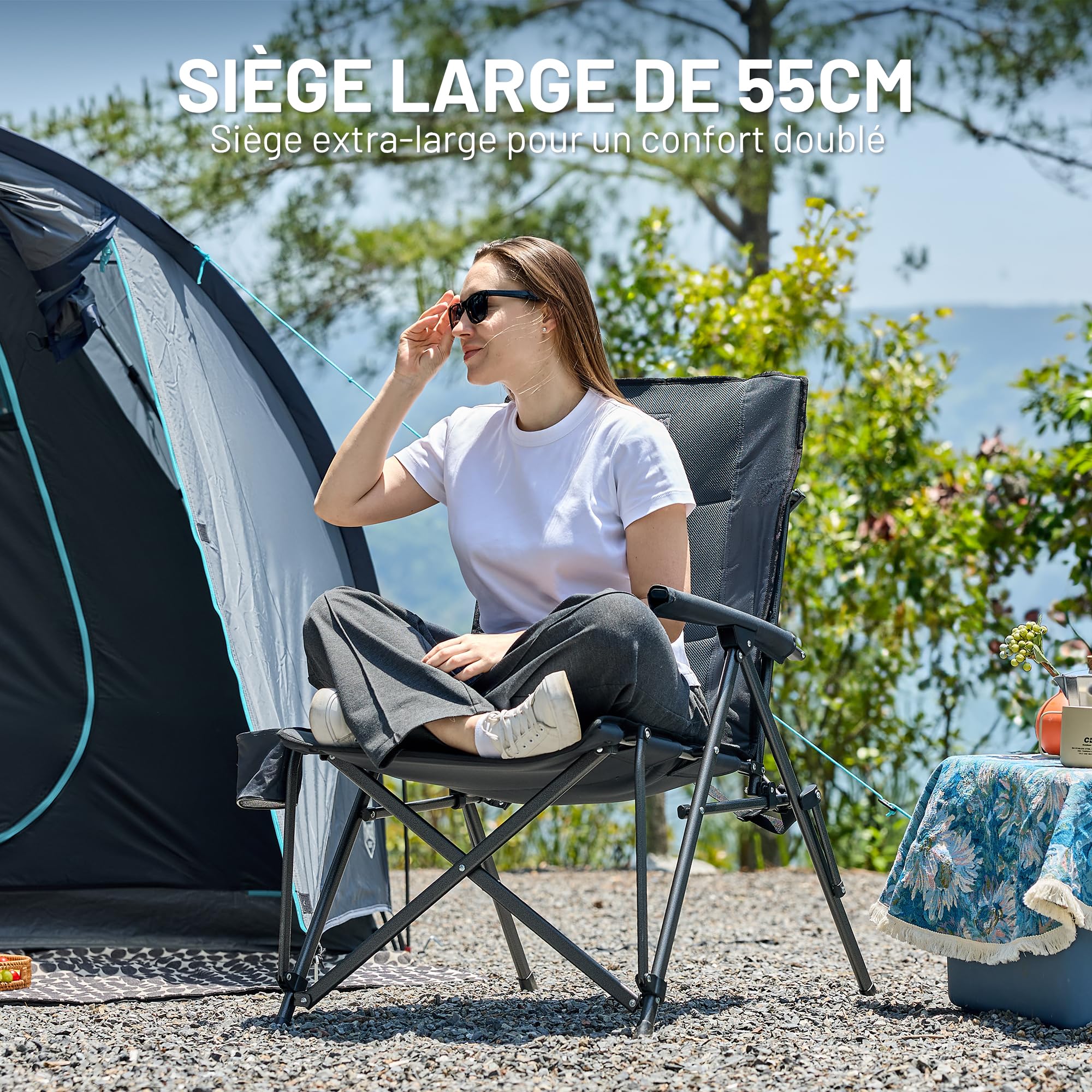 TIMBER RIDGE Chaise de Camping Pliable Rembourré Fauteuil Dossier Haut XXL Siège Large 55cm Charge Maximale 150kg avec Poche Latérale pour Camping Jardin Balcon BBQ Pêche