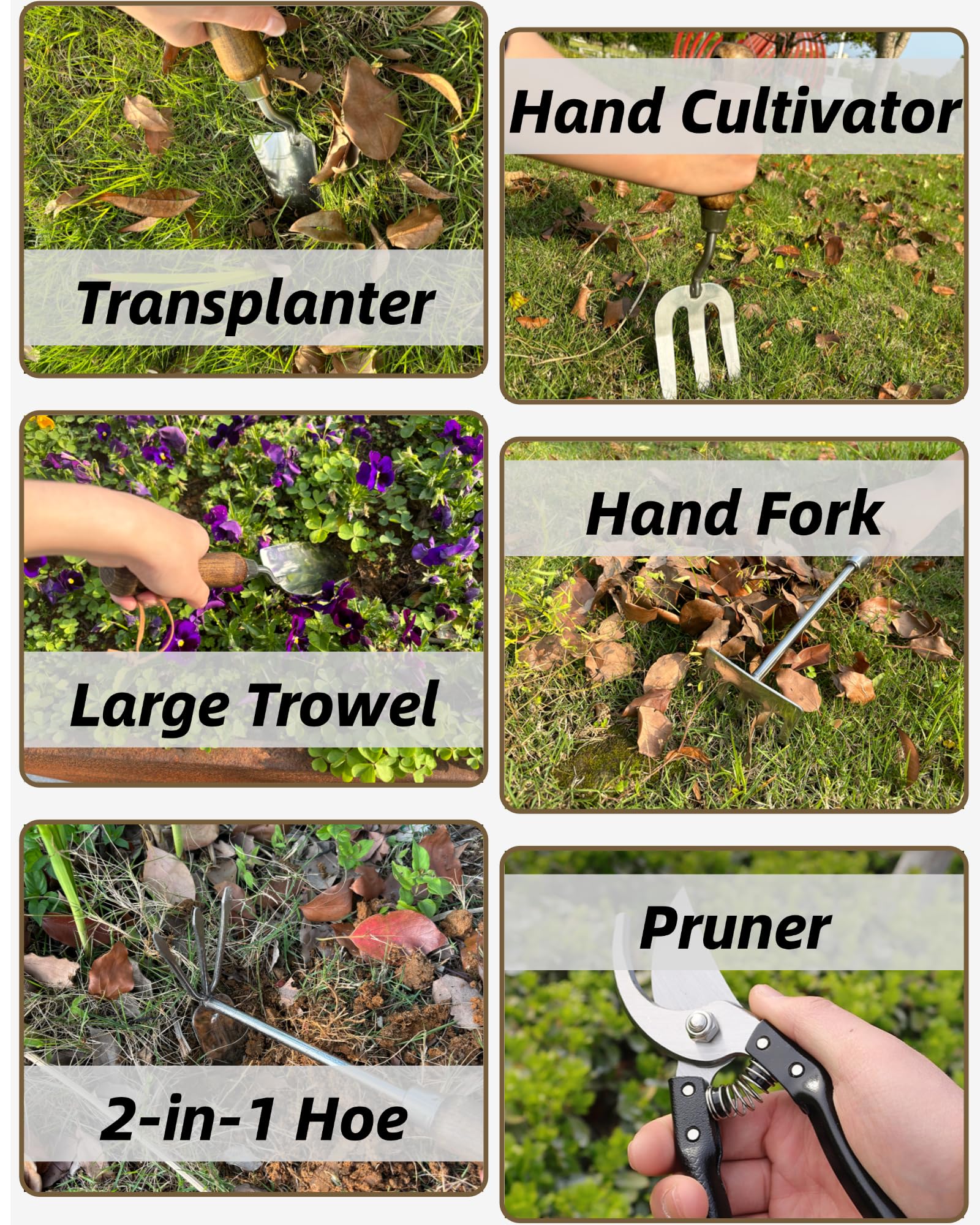Juego de herramientas de jardín, 6 herramientas manuales de jardinería de acero inoxidable resistentes con cuerdas, incluyendo paleta, trasplantador, azada 2 en 1, tenedor de mano, rastrillo de mano y
