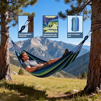 Hammock, Single/Double Outdoor Garden Camping, Canvas Soft Swing Sleeping, Portable with Carrying Bag for Patio Yard Backyard Porch Travel (Blue, 250X150cm)