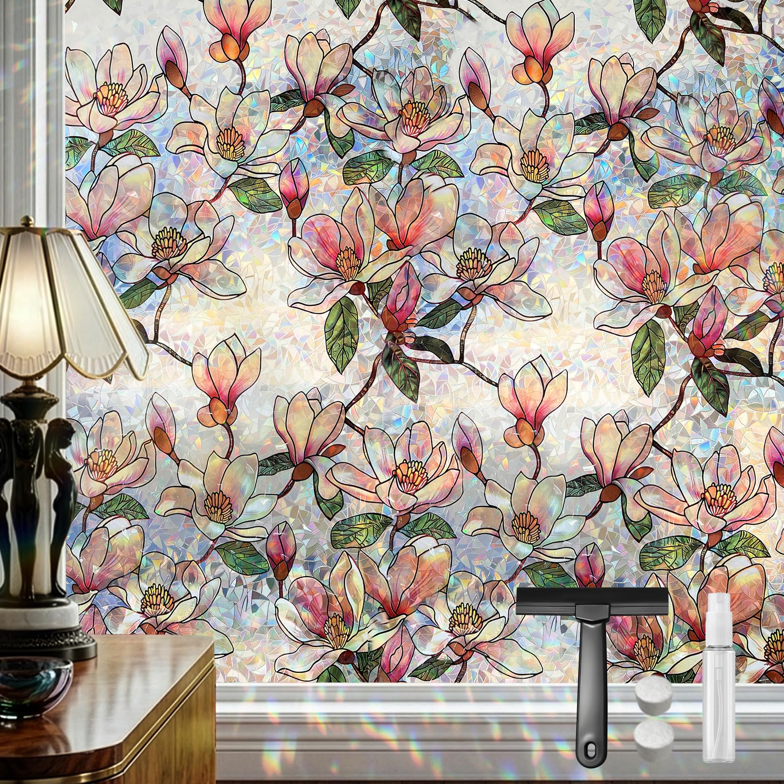 DARUITE Window Film Privacy, Decorative Stained Glass Window Film, Rainbow Effect Anti UV Static Privacy Film for Glass Windows for Home Office, Pastel Magnolia Flower 90 x 200cm