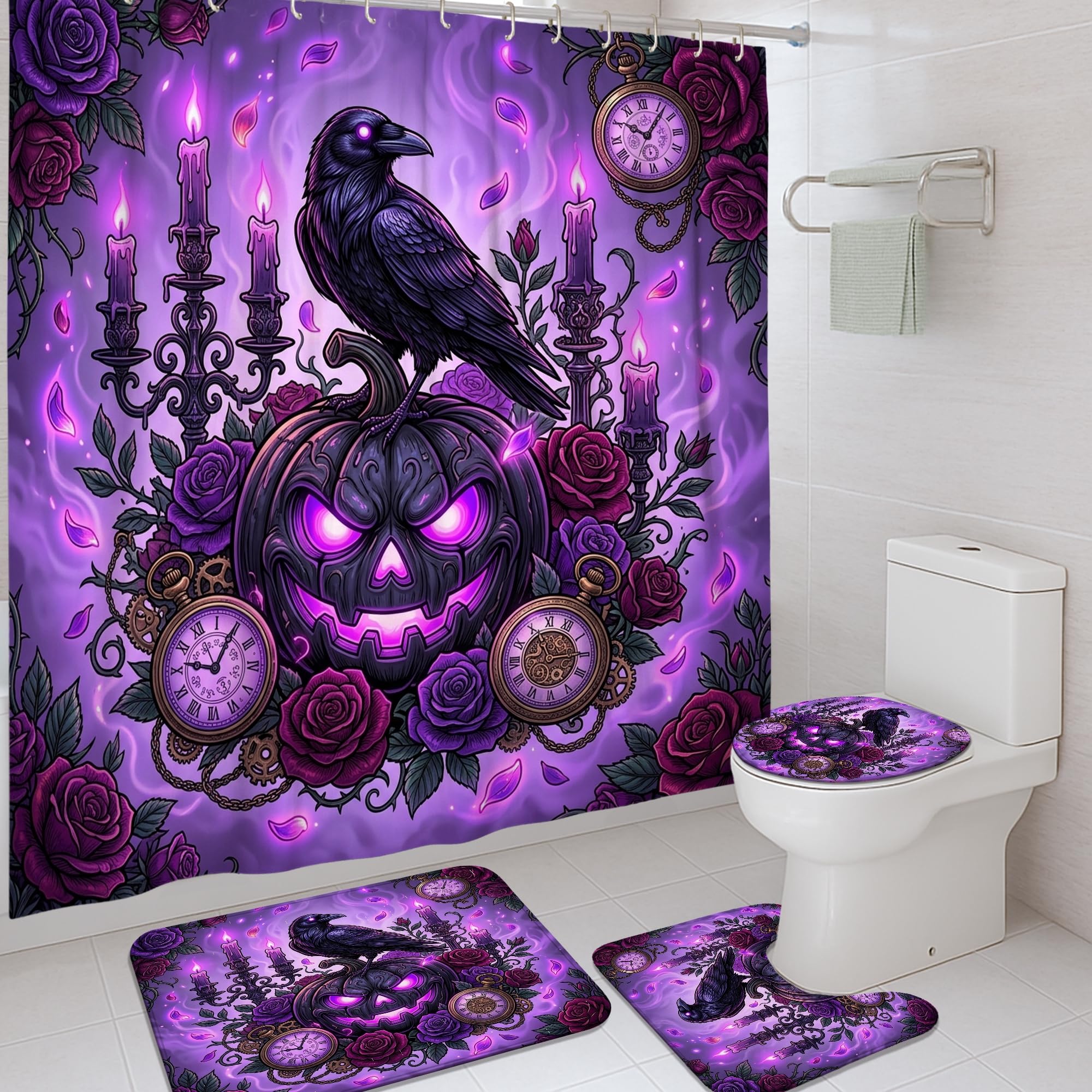 Rideau de douche anti-moisissure violet motif citrouilles 183x183 cm et tapis de sol