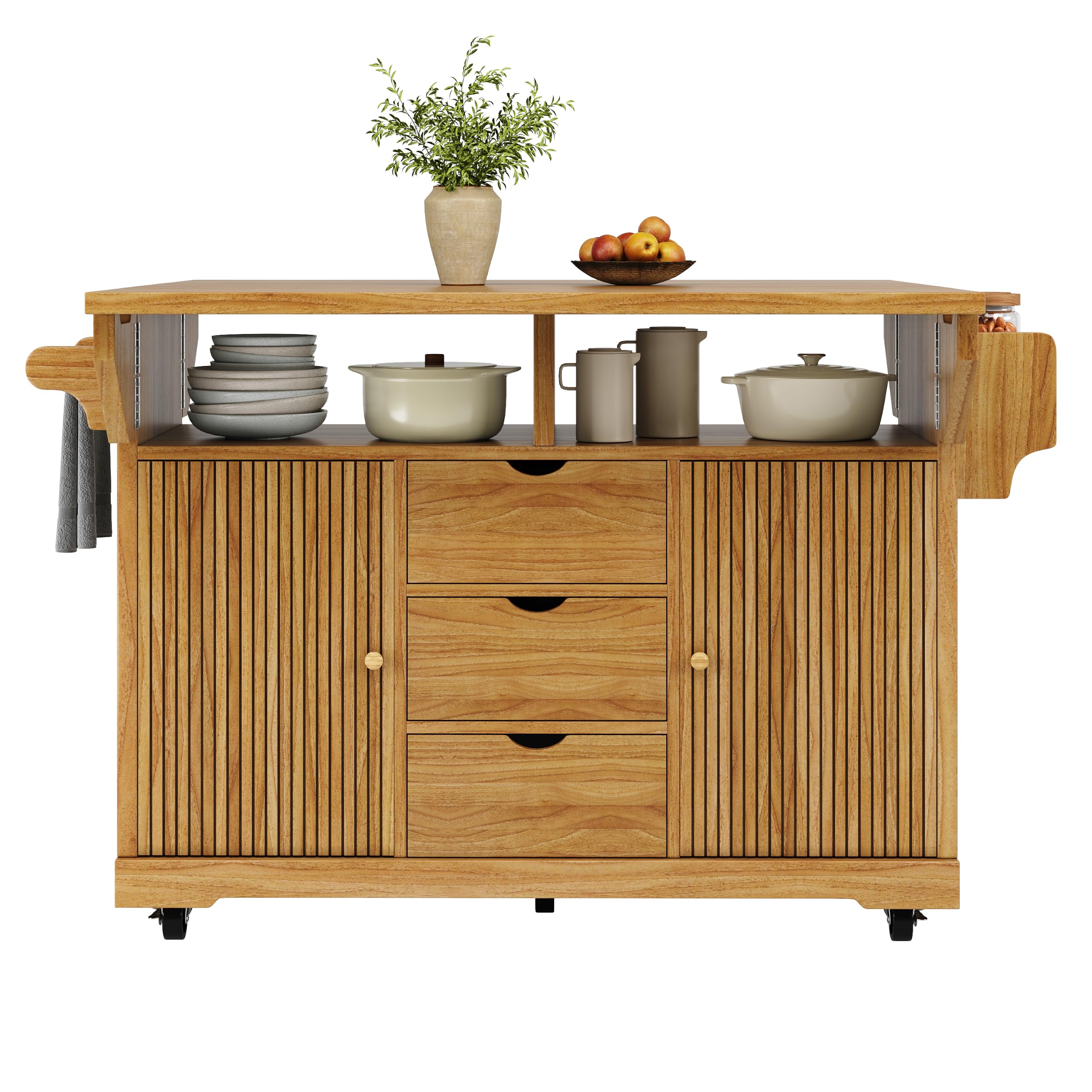 SUKY Carrito de servir con extensión de mesa plegable, 95 cm de altura ergonómica, cajones, encimera, ruedas con bloqueo, color marrón oscuro