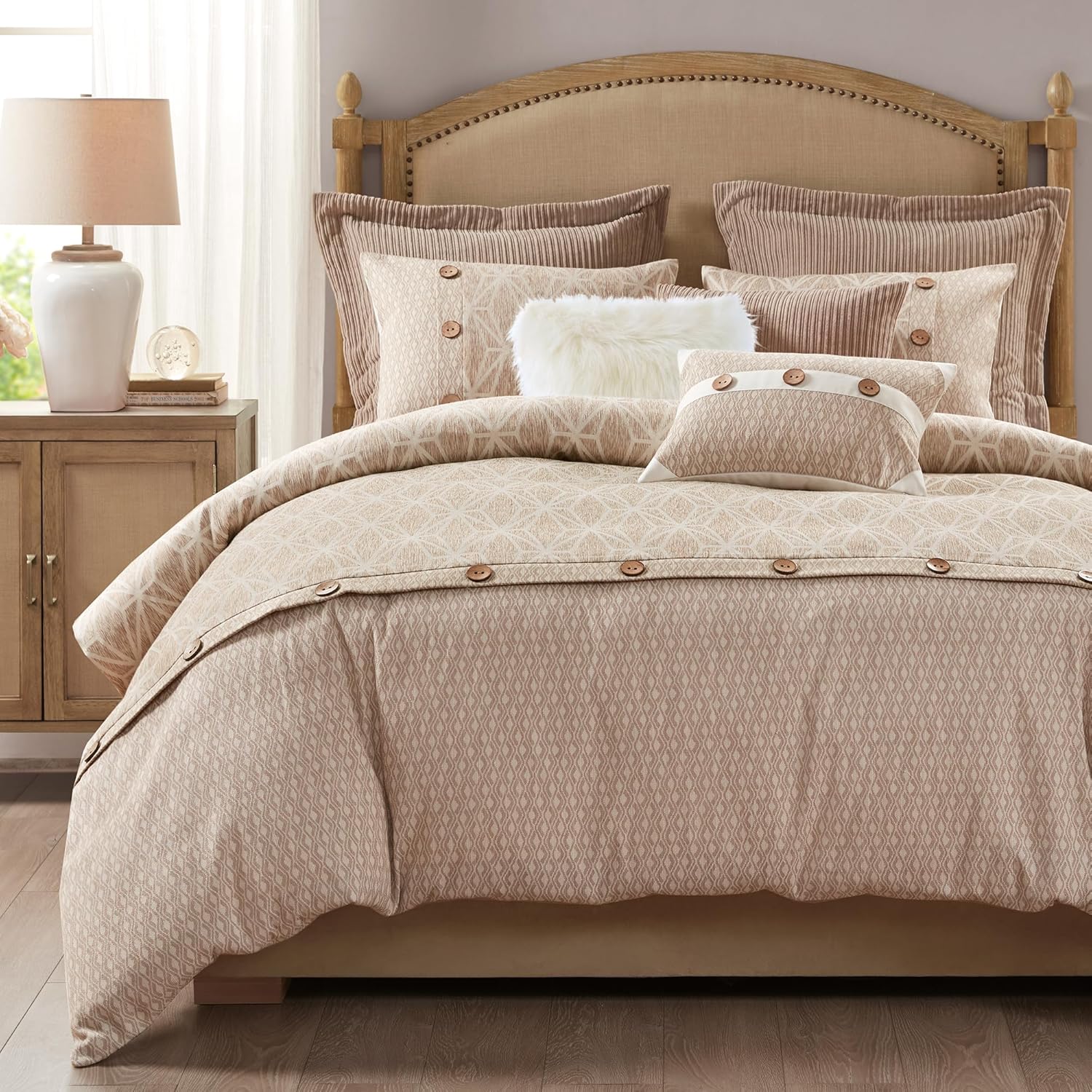 Madison Park Queen Comforter Set, Trendy Geometric Jacquard, Soft Microfiber Reverse, Oversized Comforters, All Seasons Down Alternative Overfilled Comforters, Grace, Queen Taupe 8 Piece