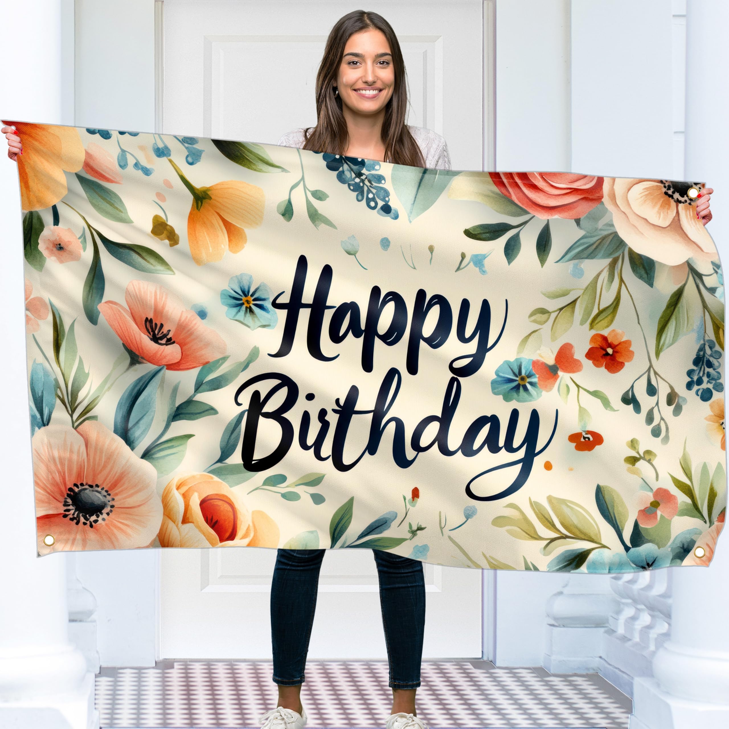 Happy Birthday Banner - Birthday Decorations - Birthday Backdrop - Bday Banner Background 5ft x 3ft / 150x90 cm with 4 brass holes (Pastel Flowers1)