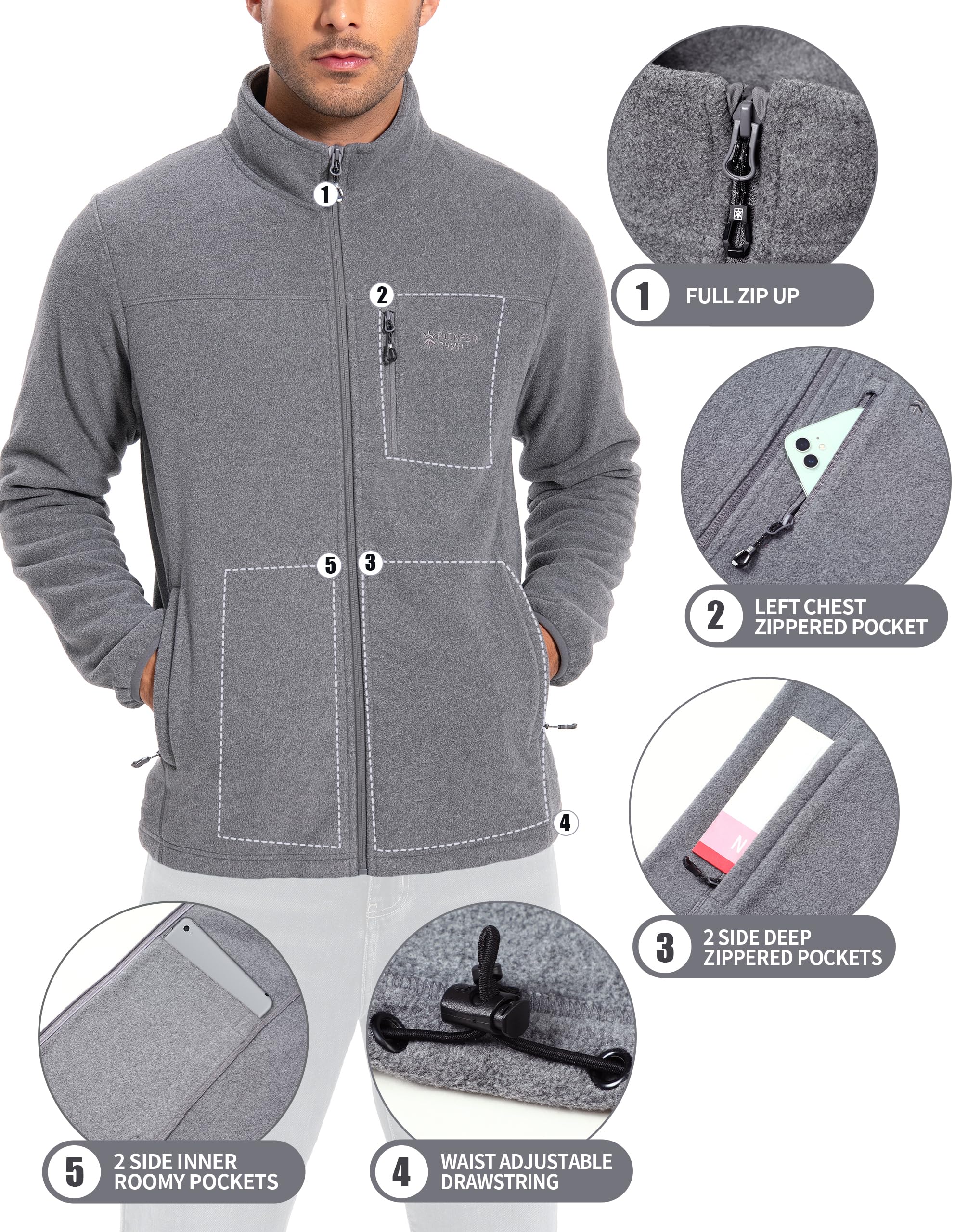 Pioneer Camp Giacca in pile da uomo Full Zip Outdoor Polar, leggera, antivento, con chiusura lampo