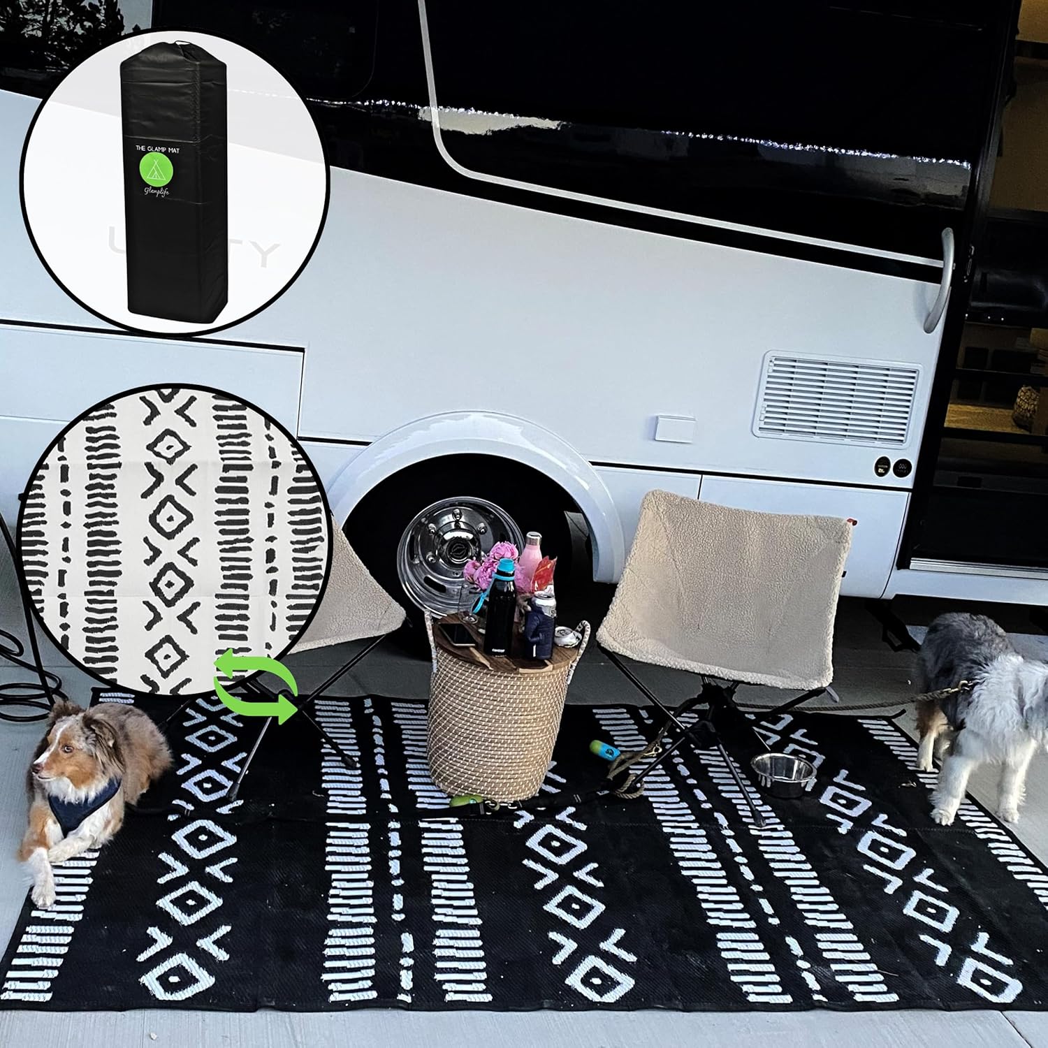 Glamplife リサイクルRVマット | キャンプ用アウトドアラグ | パティオ用アウトドアマット | ポータブルアウトドアエリ