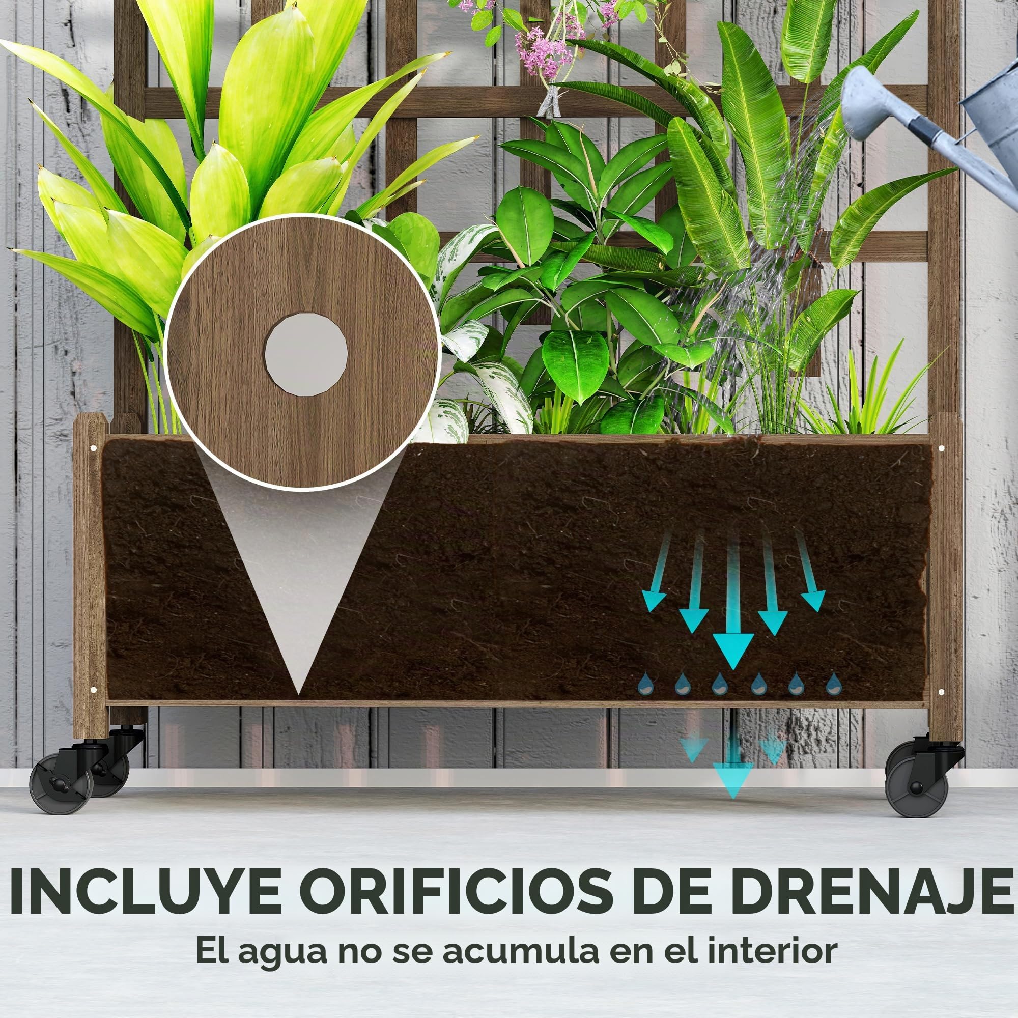 Outsunny Maceta de enrejado de madera, camas elevadas para jardín con ruedas y forro de cama, maceta con pantalla de privacidad para cultivar verduras, hierbas y flores para jardín, patio, terraza,