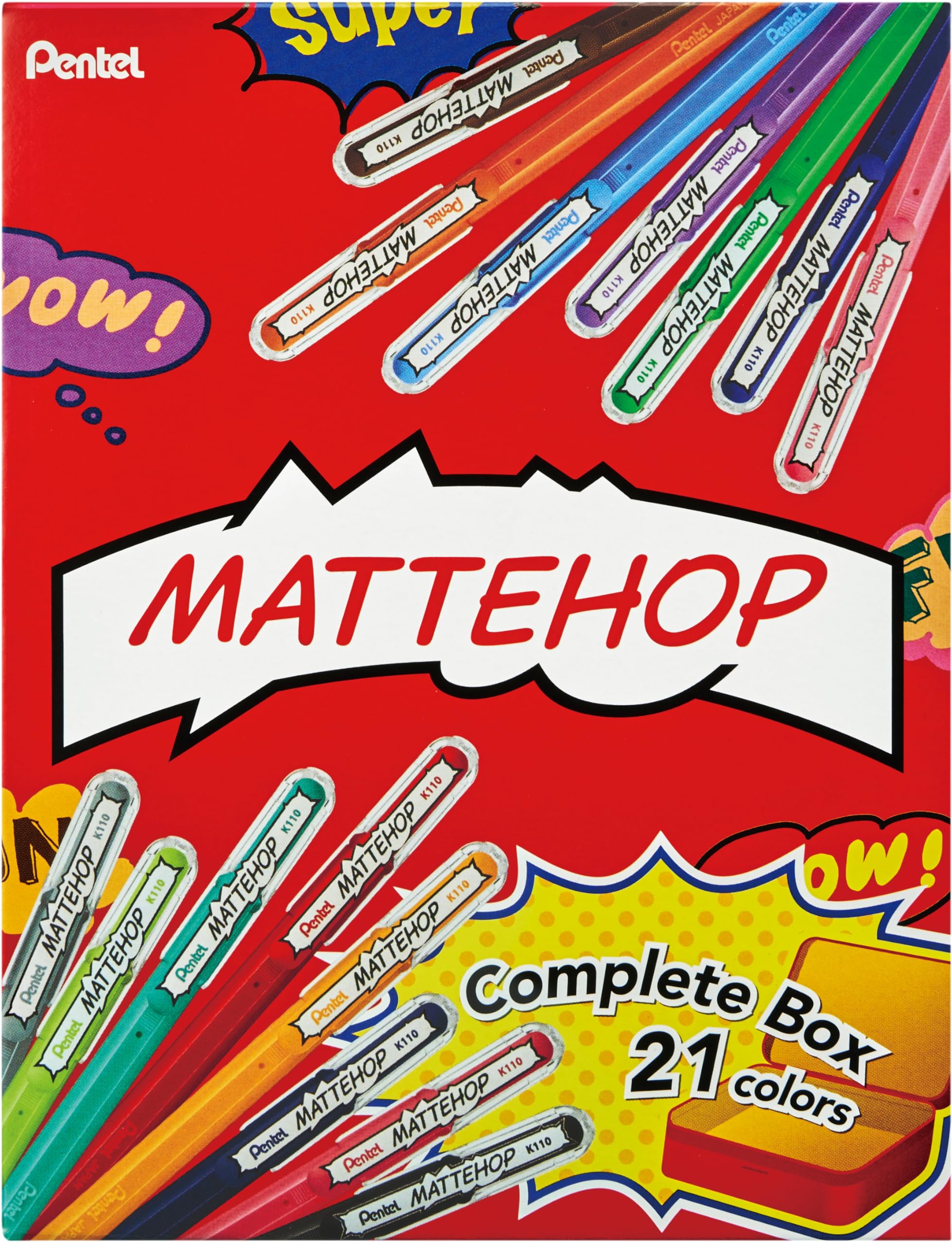 Pentel Mattehop K110V Gelroller mit hochdeckender Tinte in mattem Finish, 1.0 mm (Metallbox mit 21 Stück Inhalt - farblich sortiert)