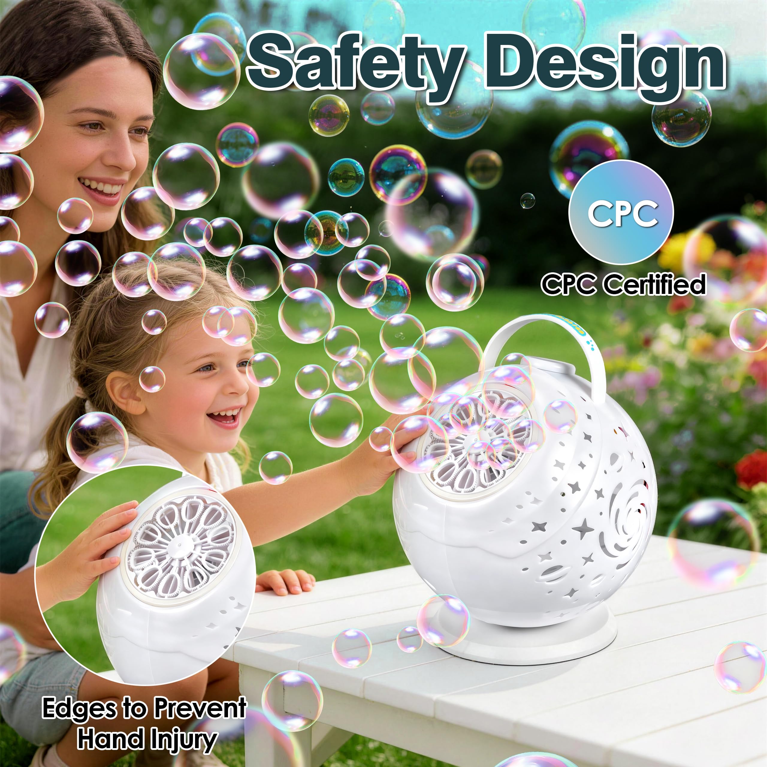 Macchina per bolle di sapone ricaricabile per bambini con telecomando | oltre 20.000 bolle al minuto, rotazione di 90°/360°, 7 luci LED colorate, durata della batteria: circa 50 minuti