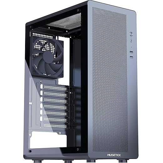 MUSETEX ATX PC Case, 1 Non-RGB 120mm Fan PC Case, Mesh Front, Computer case with Tempered Glass, Magnetic Patterned Dust Filter, Black(M2)