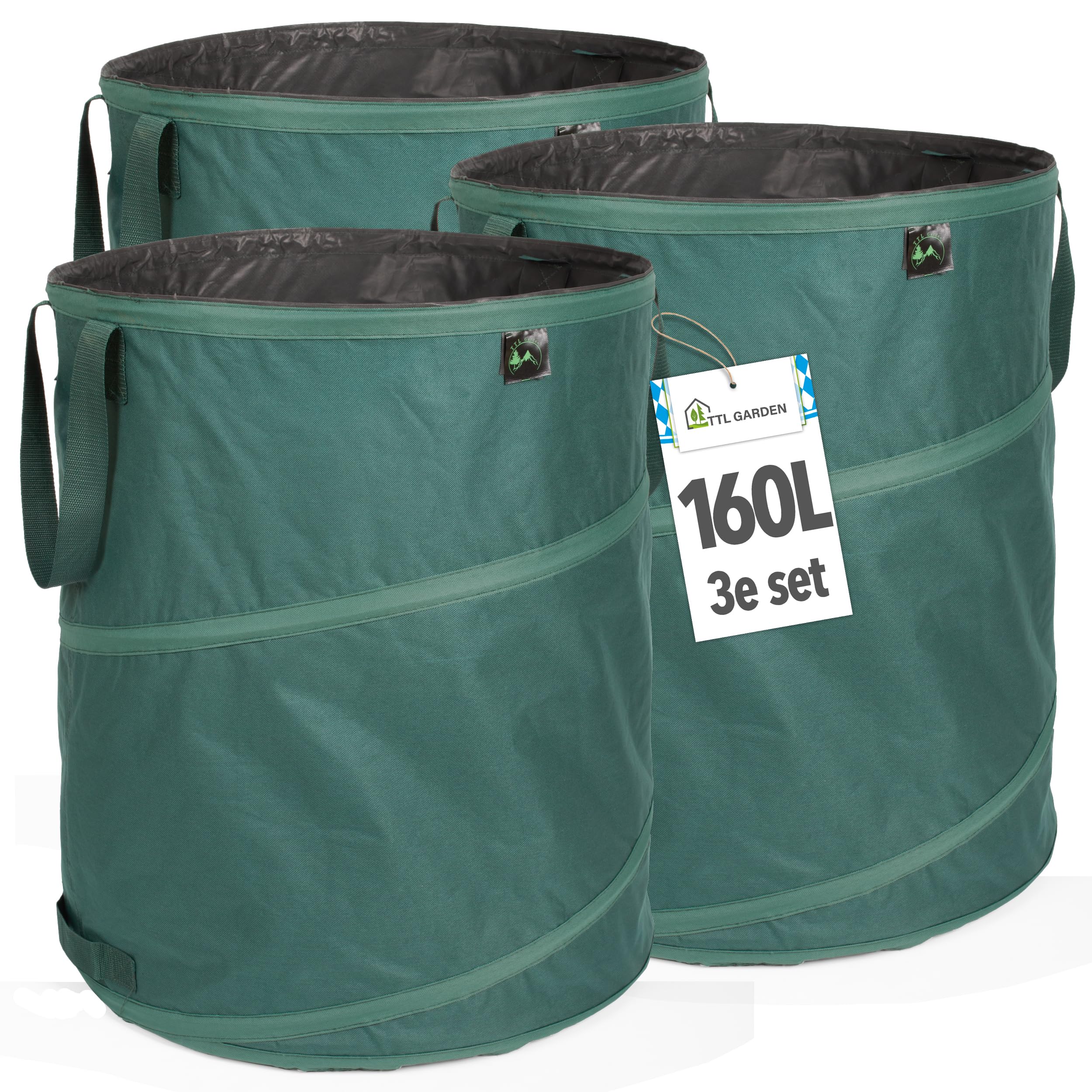 TTL Garden - Pop Up - Lot de 3 sacs à feuilles de jardin - 160 l - Tissu extra robuste - Pliables, autoportants et de qualité supérieure - Idéaux pour déchets de jardin