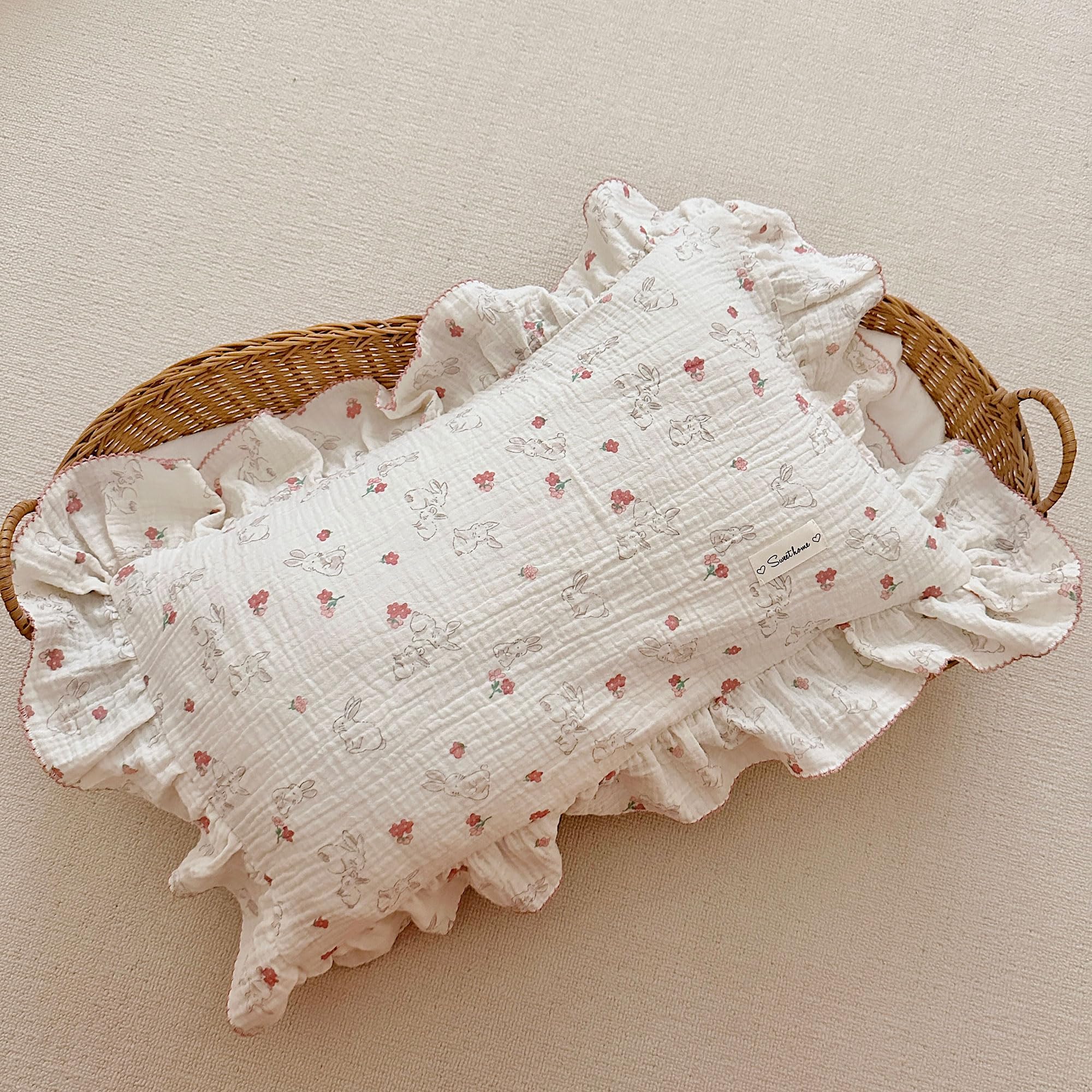 AOJIM Muslin Cotton Kids Toddler Pillowcase with Floral and Rabbit Pattern, Super Soft Comfy Ruffle Edge Nursery Pillowcase for Boys and Girls, Machine Washable Baby Bedding Pillowcase 1pc, 20"x12" — image 1