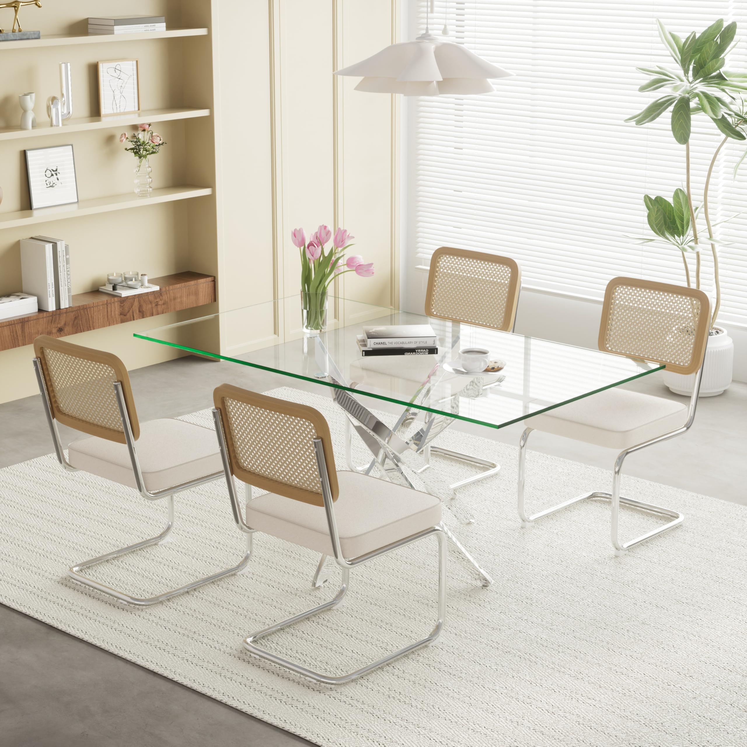63" Rectangle Glass Dining Table Set for 4, Large Tempered Glass Kitchen Tabe with Silver Metal Legs & 4 Beige Rattan Dining Chairs, Modern Dining Room Table Set for Dinner Kitchen Home