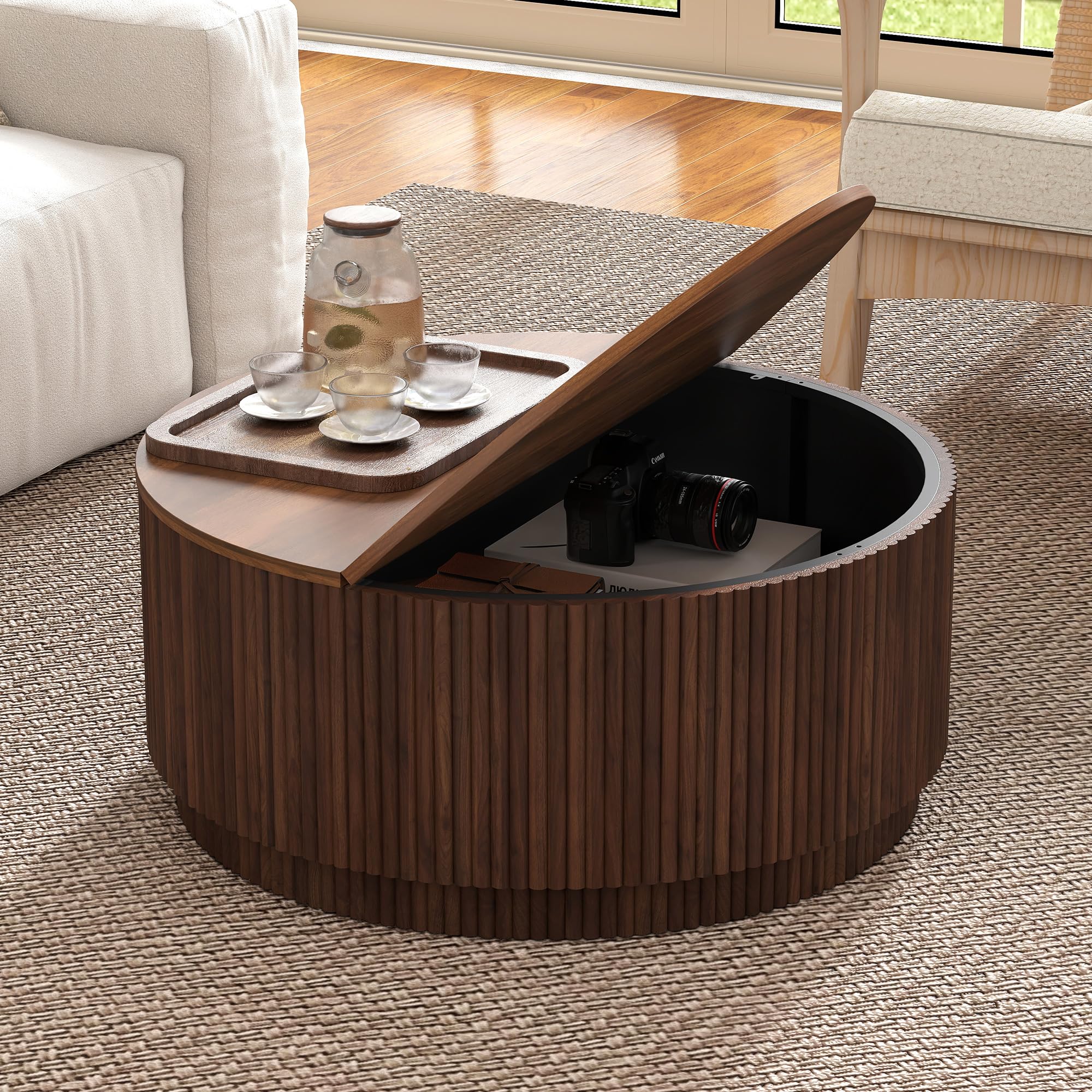 LEVNARY walnut round coffee table with fluted base and hidden storage