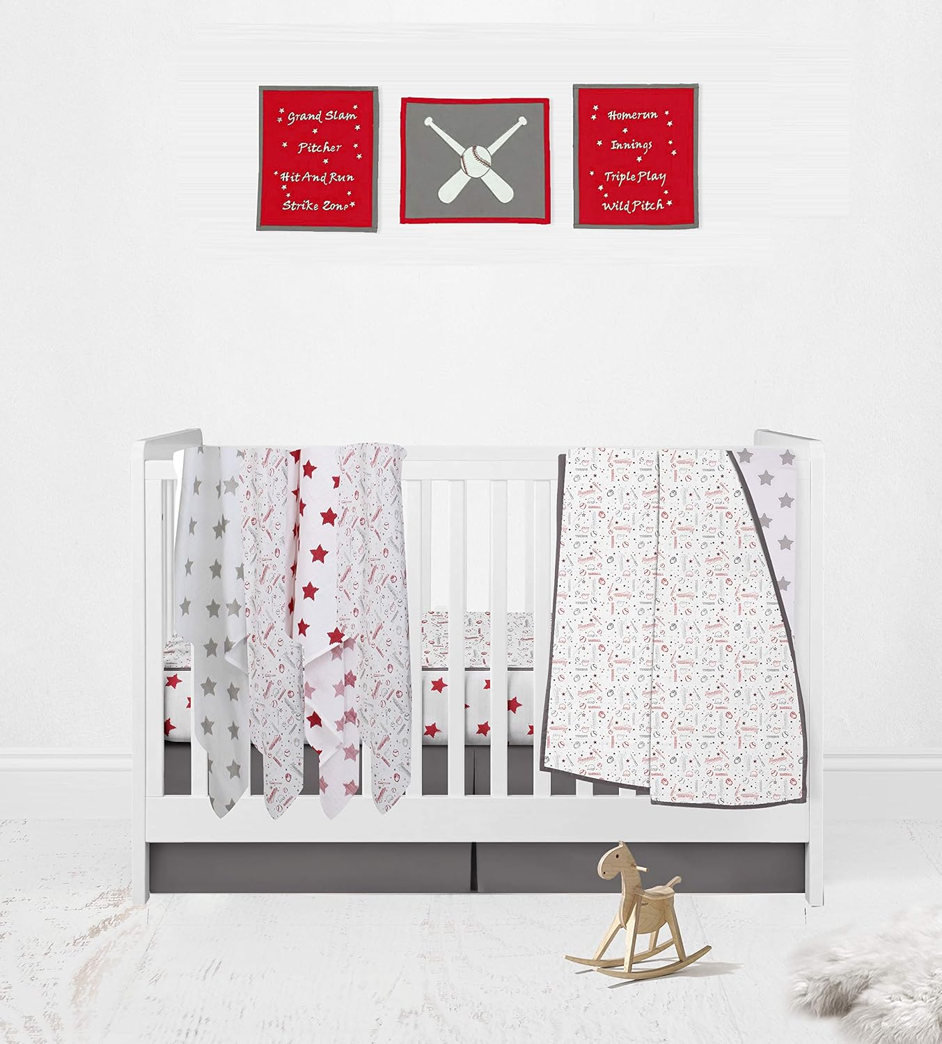 Bacati 3 Piece Baseball Wall Hangings, Red/Grey