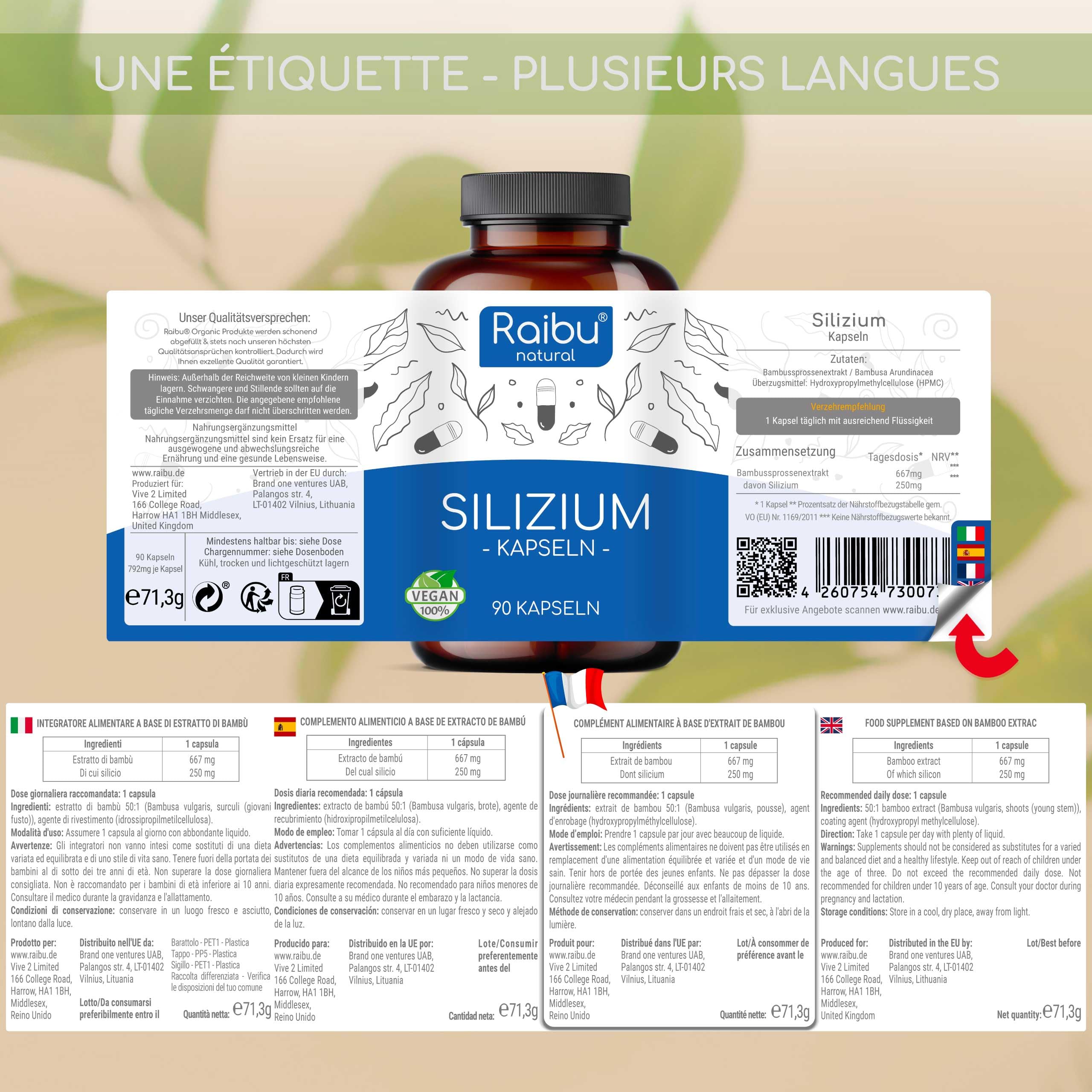 Silicium Organique Raibu - 667mg - 90 gélules pour 3 mois - 100% naturel, extrait de bambou - Sans additifs, testé en laboratoire, vegan - Raibu