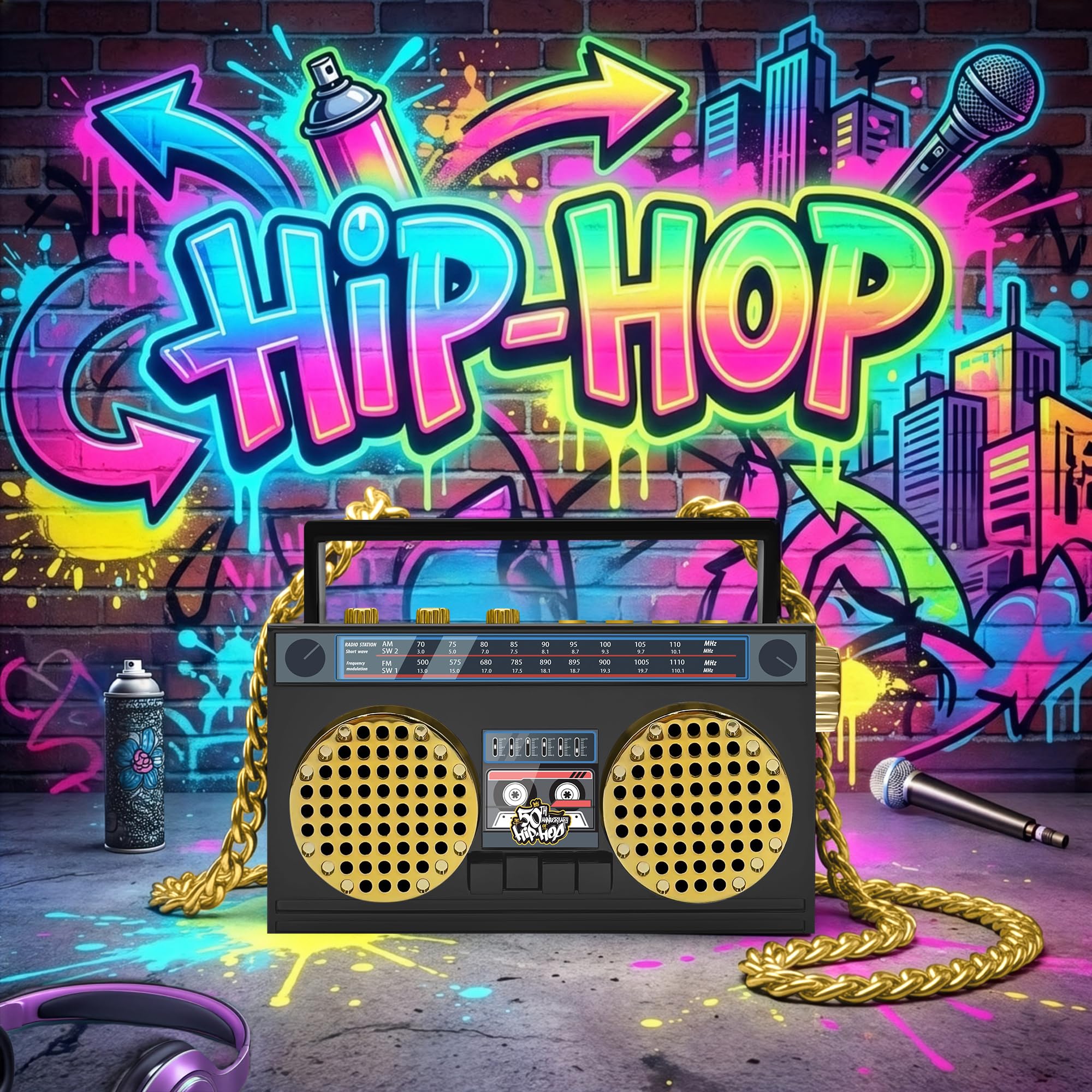 Mini haut-parleur portable sans fil Bluetooth rétro portable Boombox, collier de 68,6 cm, radio FM, boutons intégrés, double micro haut-parleurs 6 W, batterie longue durée