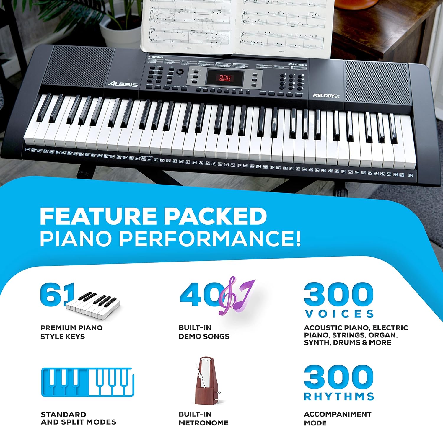 Alesis Melody 61 Key Keyboard Piano for Beginners with Speakers, Stand, Bench, Headphones, Microphone, Sheet Music Stand, 300 Sounds and Music Lessons : Musical Instruments