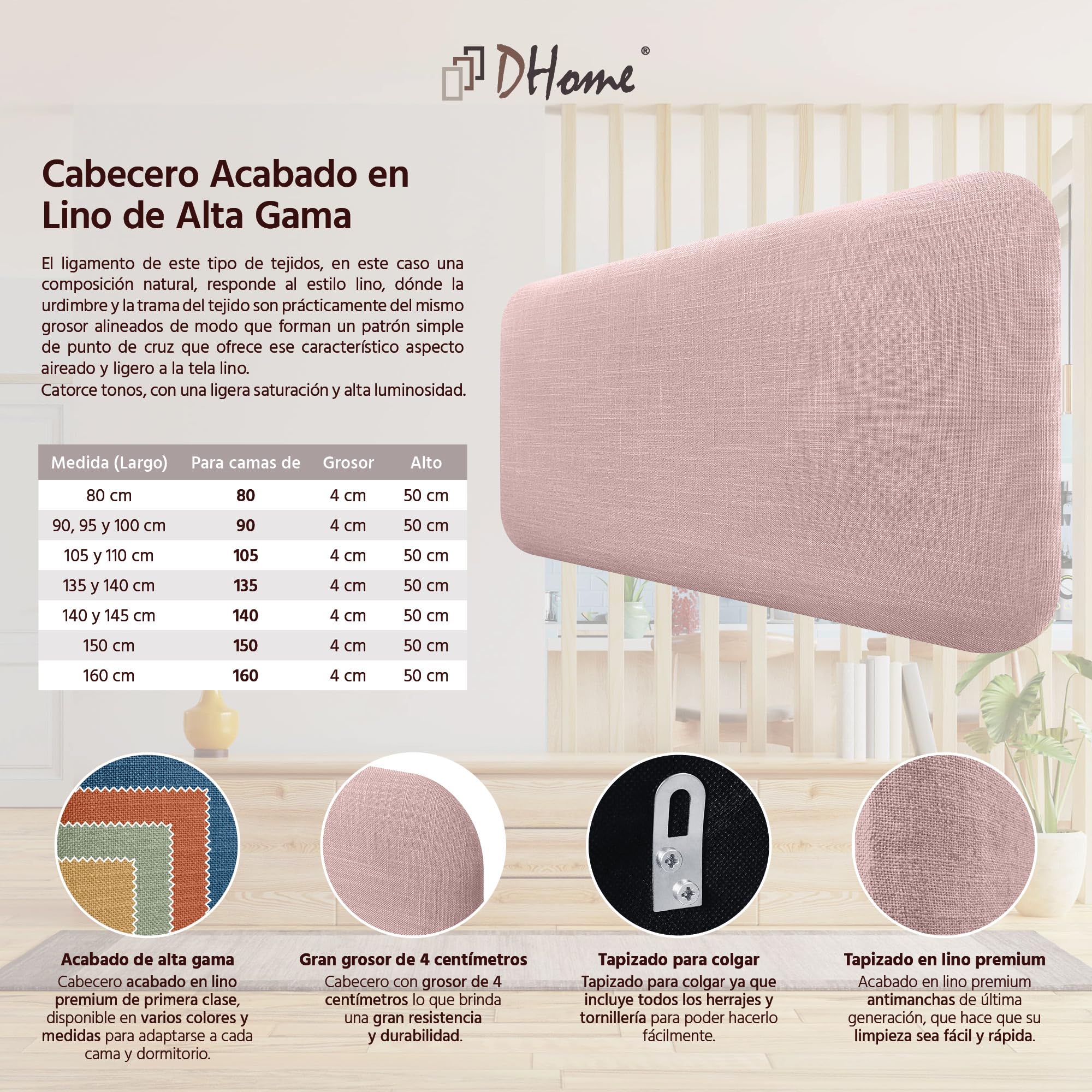 DHOME Cabecero Tapizado Liso Redondeado Lino Natural para Pared Acústicos Cabeceros Absorbentes Cabezal Cama Dormitorio (Rosa Palo, 105cm)