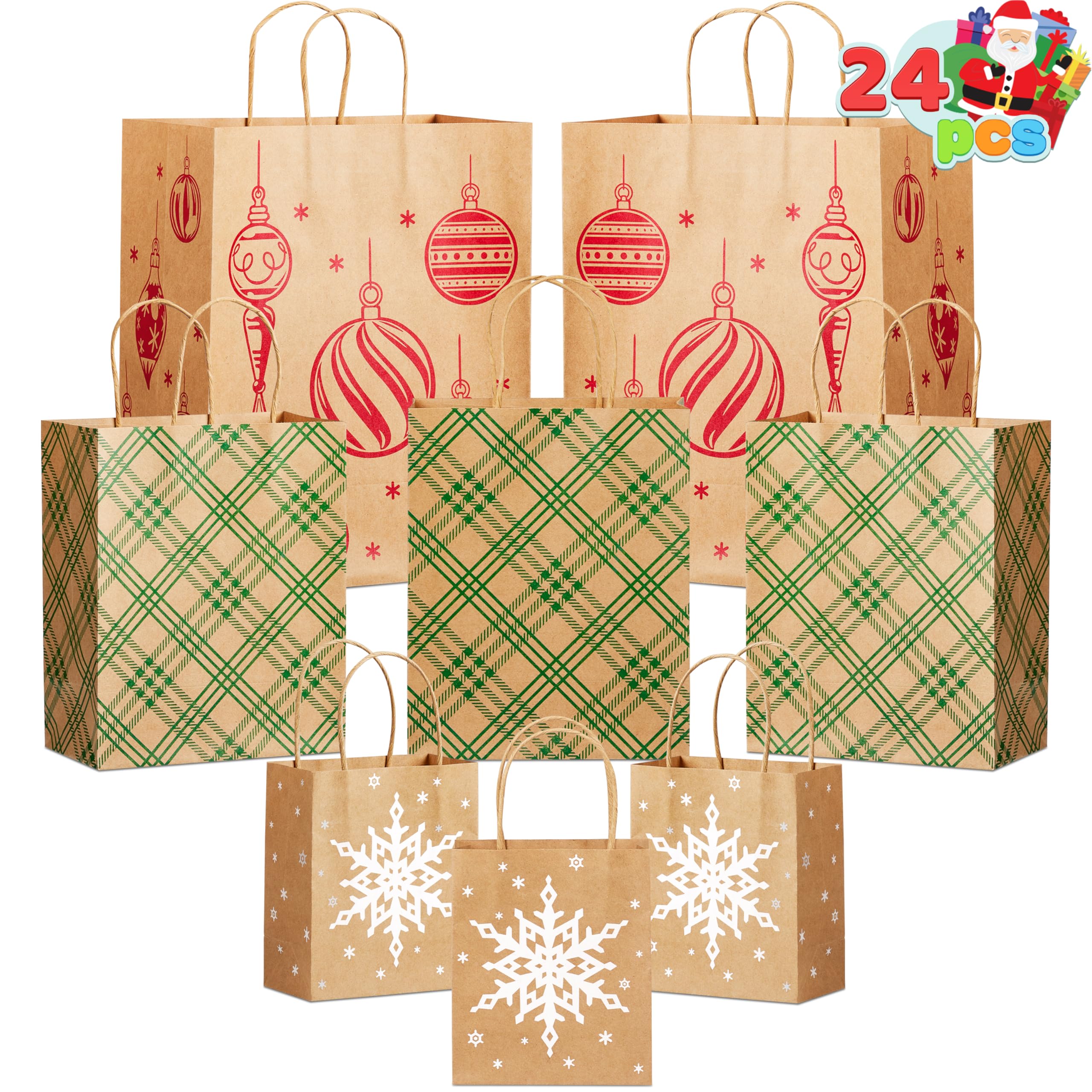 JOYIN Lot de 24 sacs cadeaux de Noël en papier kraft de tailles assorties, sacs d'emballage réutilisables avec poignées pour fête, anniversaire, festival, salle de classe, friandises, bonbons et
