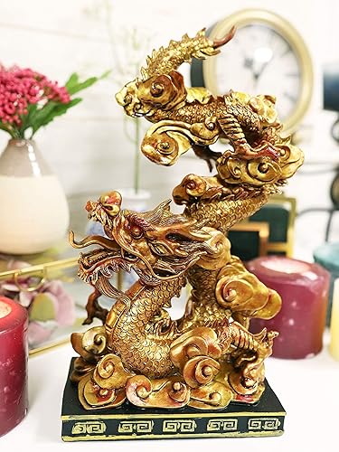 Miniatura 2 de Ebros Gift Estatua decorativa del rey dragón dorado con base de pedestal negro de 10.25 pulgadas de alto, estatua oriental legendaria de Yin Yang de