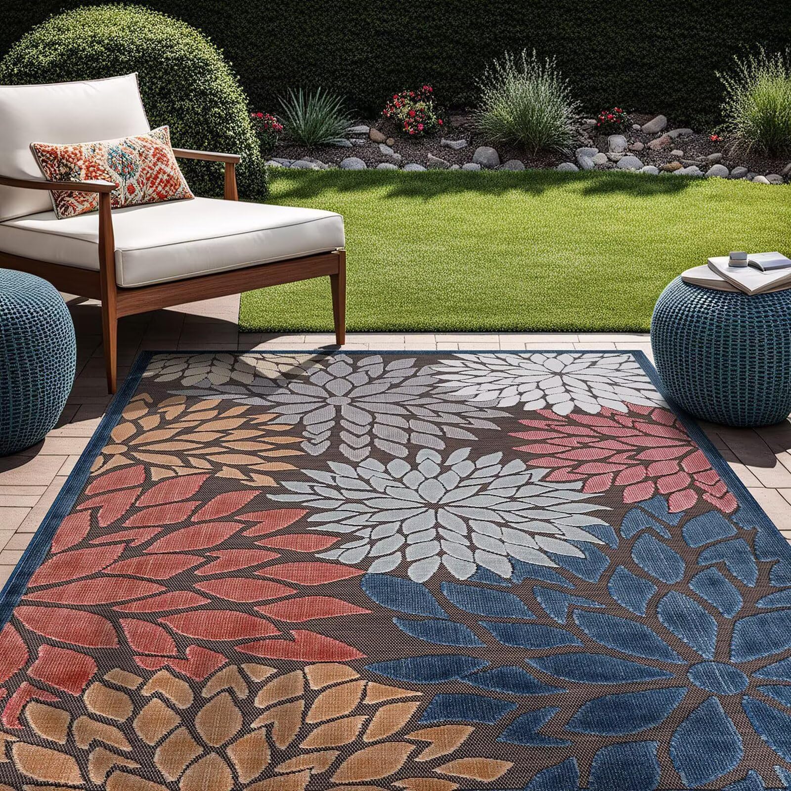 ZIBENE Outdoor Rug Patio Waterproof Tropical, Colorful Patio Mats Indoor/Outdoor Carpet Washable Easy to Clean, Protable Outside Carpet Floral Pattern for Deck with Rubber Back