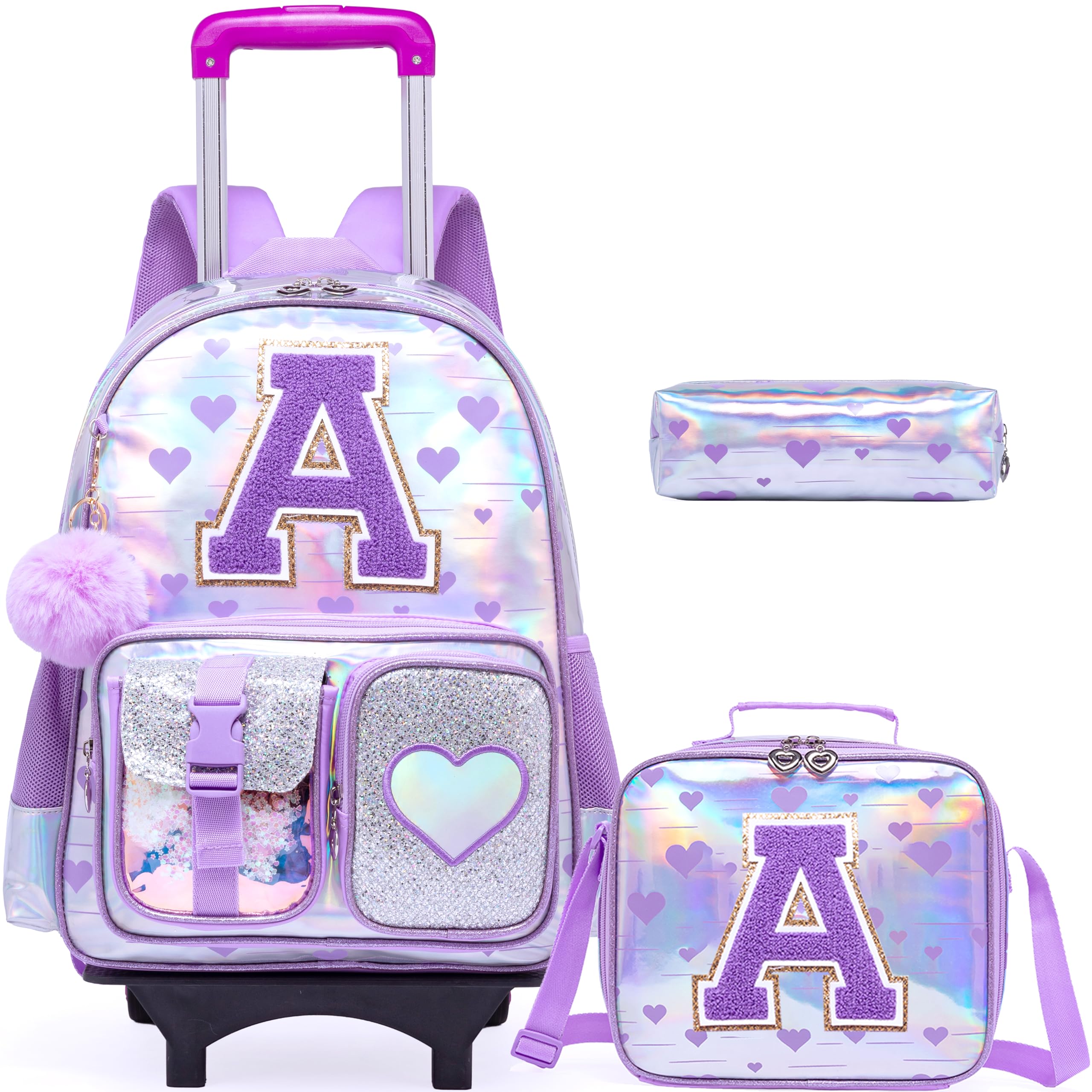HTgroce Cute Rolling Backpack with Wheel,School Backpack for Kids Girl Roller Schoolbag Wheeled Backpacks Set Carry-on Luggage,Purple A