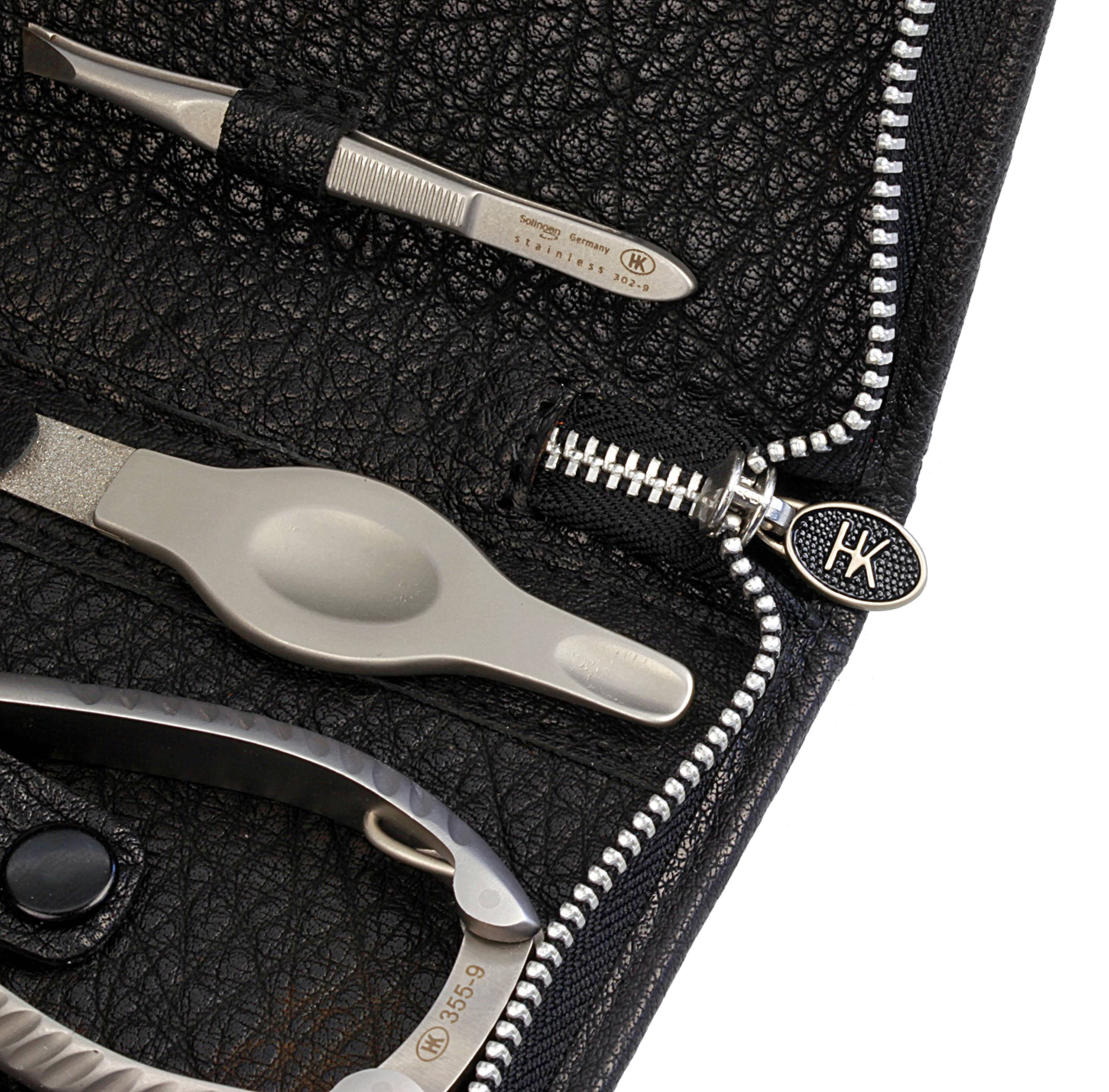 HK Manicure by Hans Kniebes - 6-teilig Maniküre Set - Nagelschere, Hautschere, Nagelzange, Pinzette, Feile, Hautdrücker/-messer – Maniküre-Etui aus Büffelleder schwarz